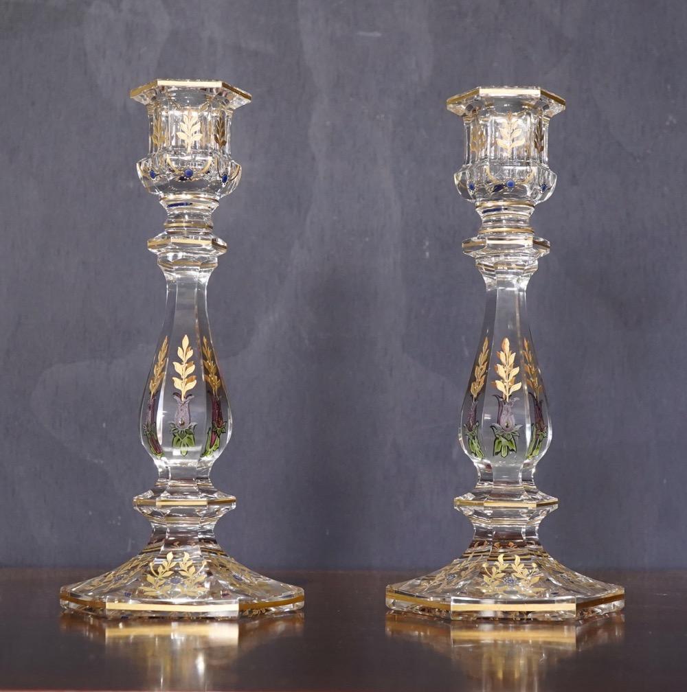 Pair of Glass Candle Sticks with Gold Etching of Flowers, circa 1900 In Good Condition In Geelong, Victoria