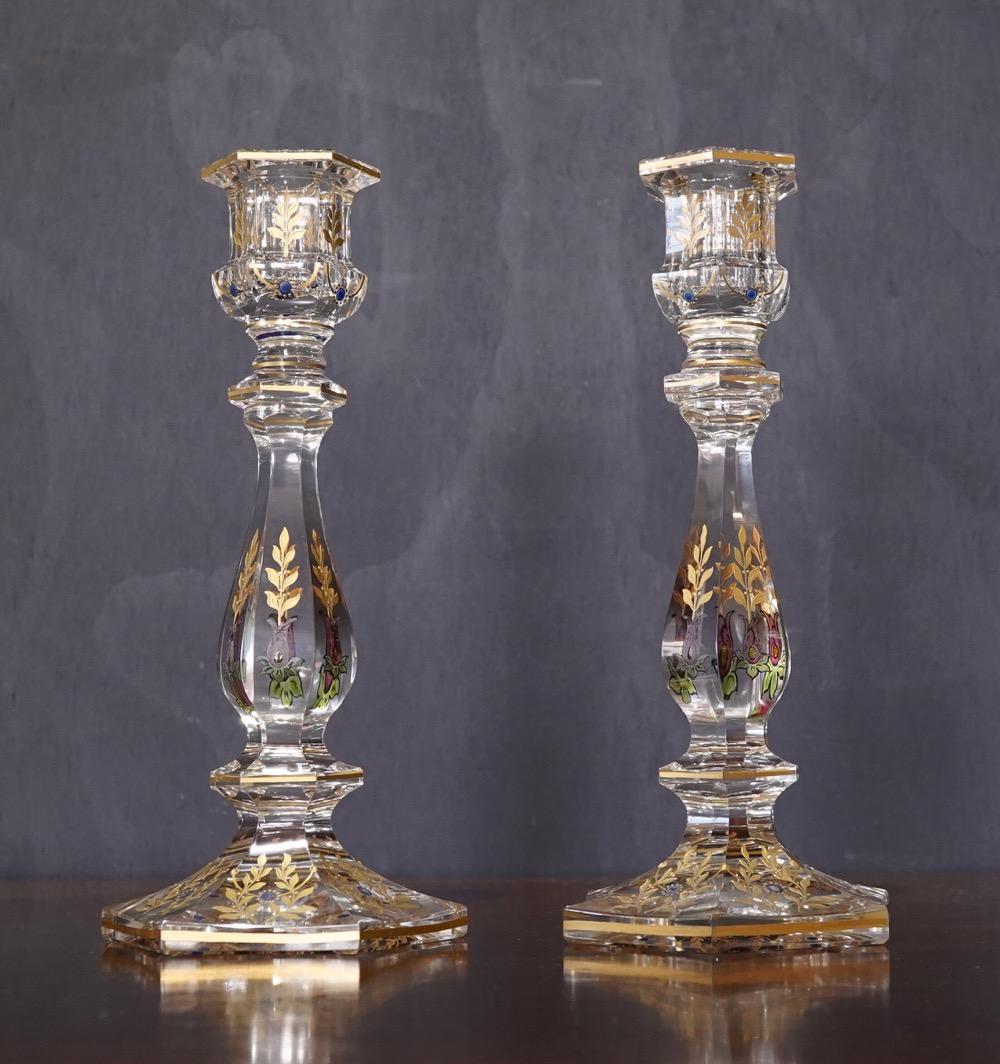 Early 20th Century Pair of Glass Candle Sticks with Gold Etching of Flowers, circa 1900
