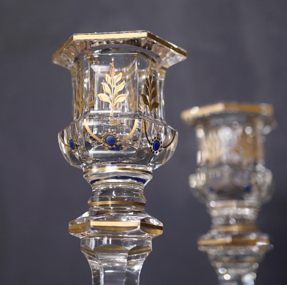Pair of Glass Candle Sticks with Gold Etching of Flowers, circa 1900 3
