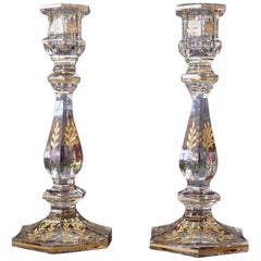 Antique Pair of Glass Candle Sticks with Gold Etching of Flowers, circa 1900