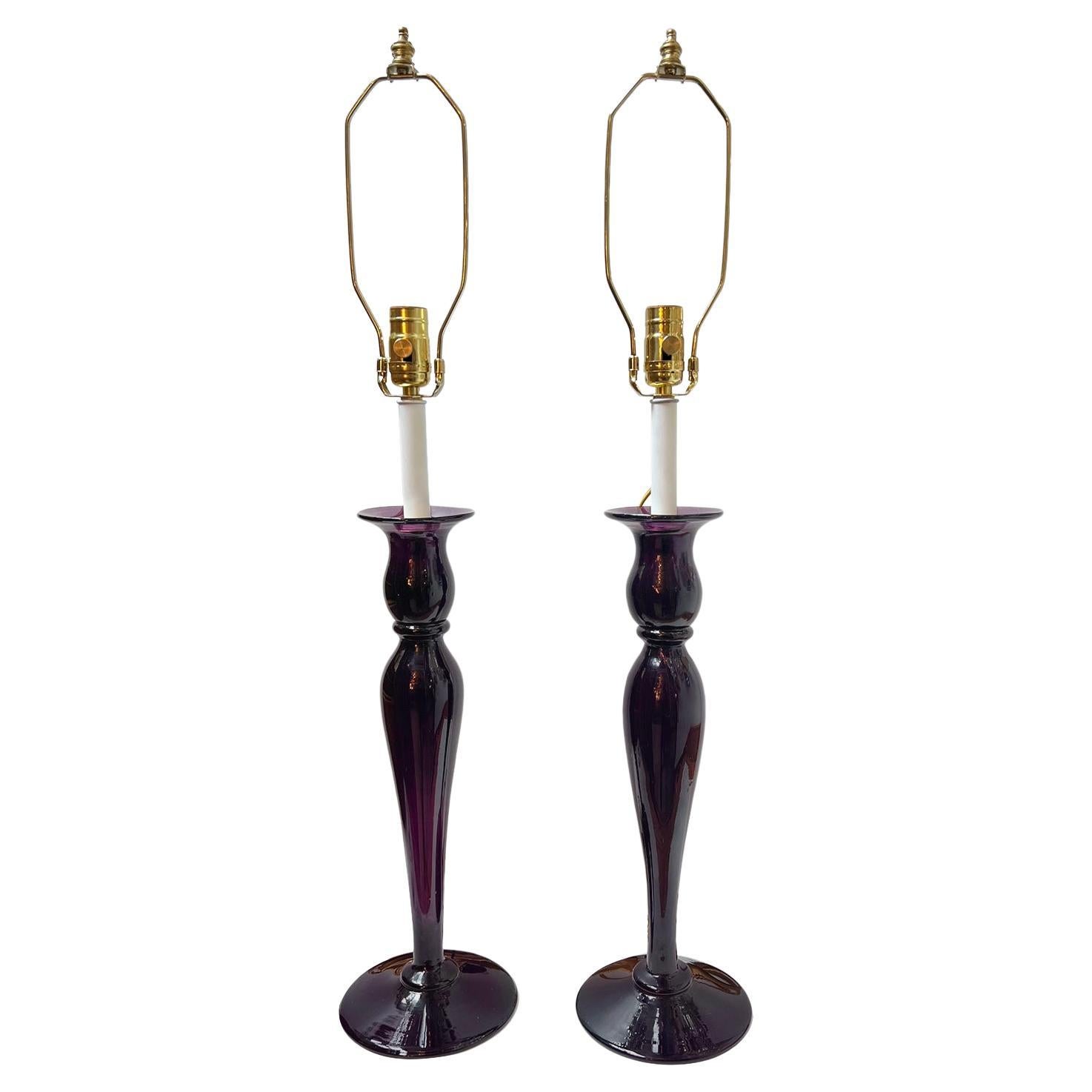 Pair of Glass Candlestick Table Lamps For Sale