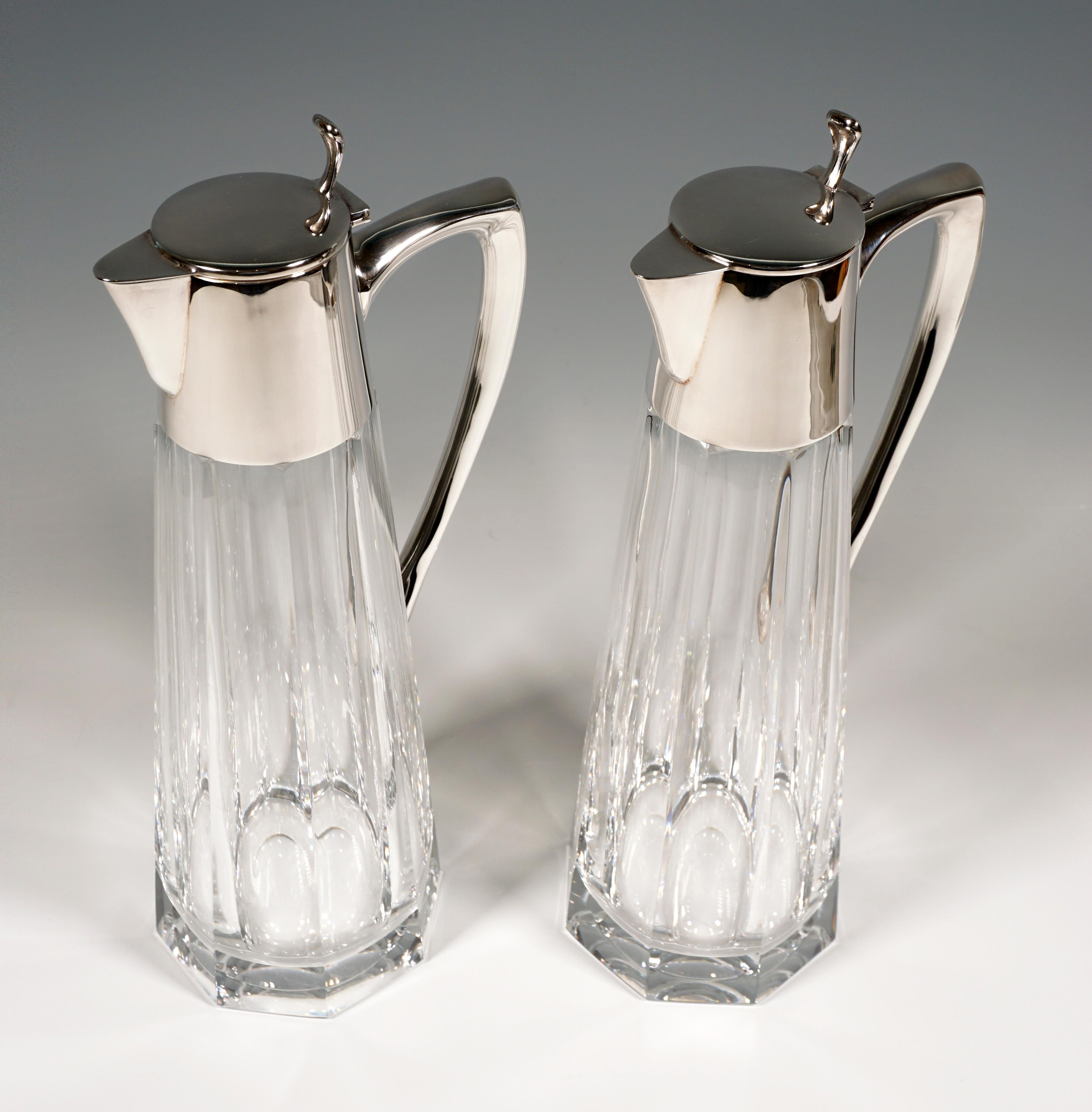 Art Nouveau Pair of Glass Carafes with Silver Mounts, Gebrüder Kühn, Germany, Early 20th