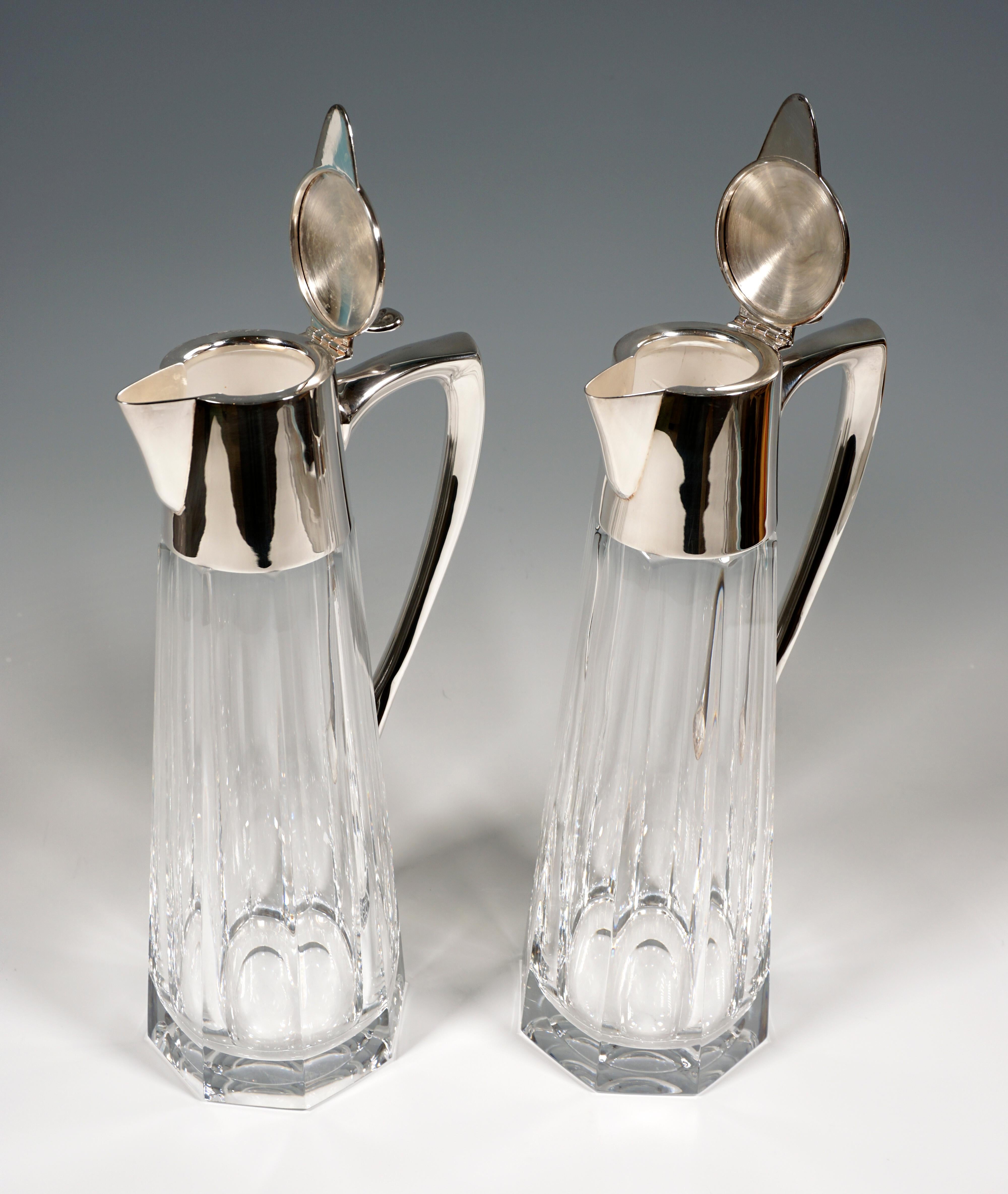 Faceted Pair of Glass Carafes with Silver Mounts, Gebrüder Kühn, Germany, Early 20th