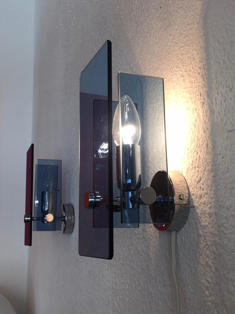 Pair of Glass and Chrome Wall Lamps by Veca In Excellent Condition In Geneva, CH