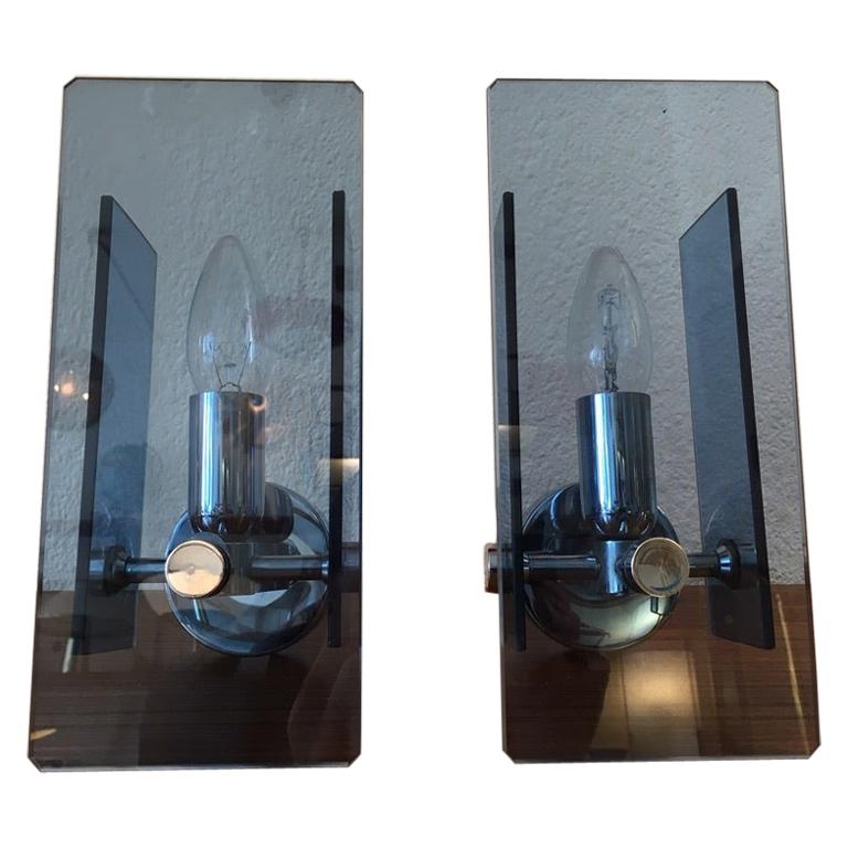 Pair of Glass and Chrome Wall Lamps by Veca