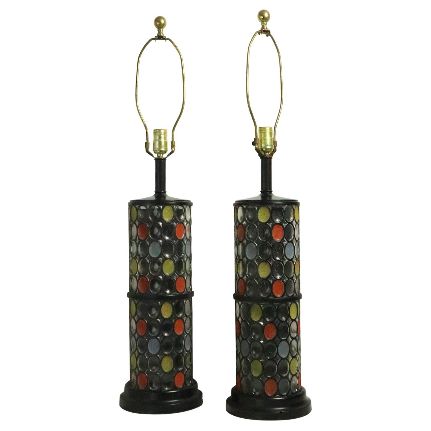 Pair of Glass Column Lamps with Oval Mosaic Motif
