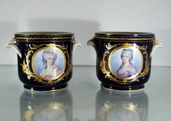 Pair of Glass Coolers Flowerpot in Paris Porcelain Signed Feuillet