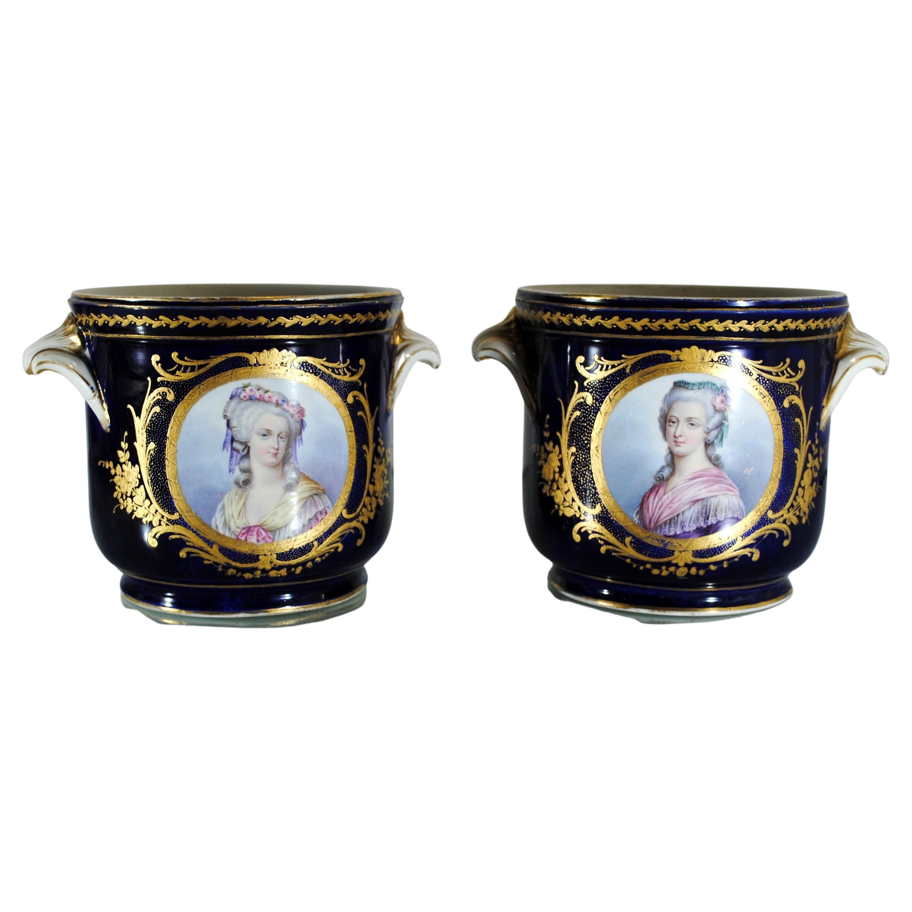 Pair of Glass Coolers Flowerpot in Paris Porcelain Signed Feuillet For Sale