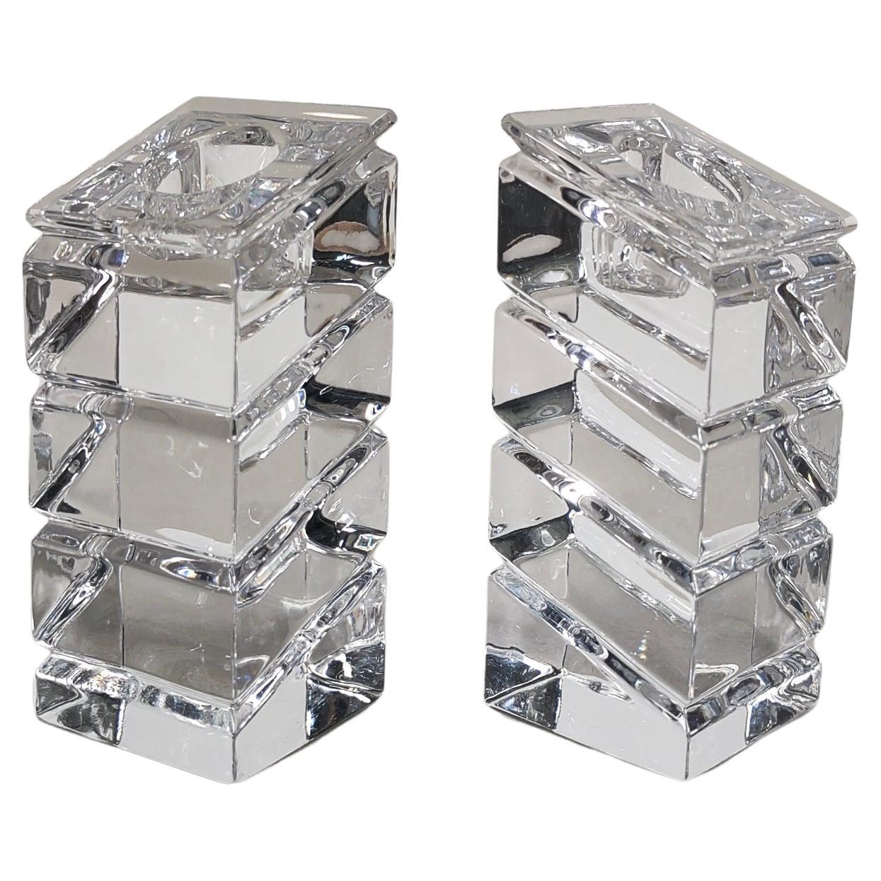 Pair of Glass Crystal Asymmetrical Candle Holders 80s
