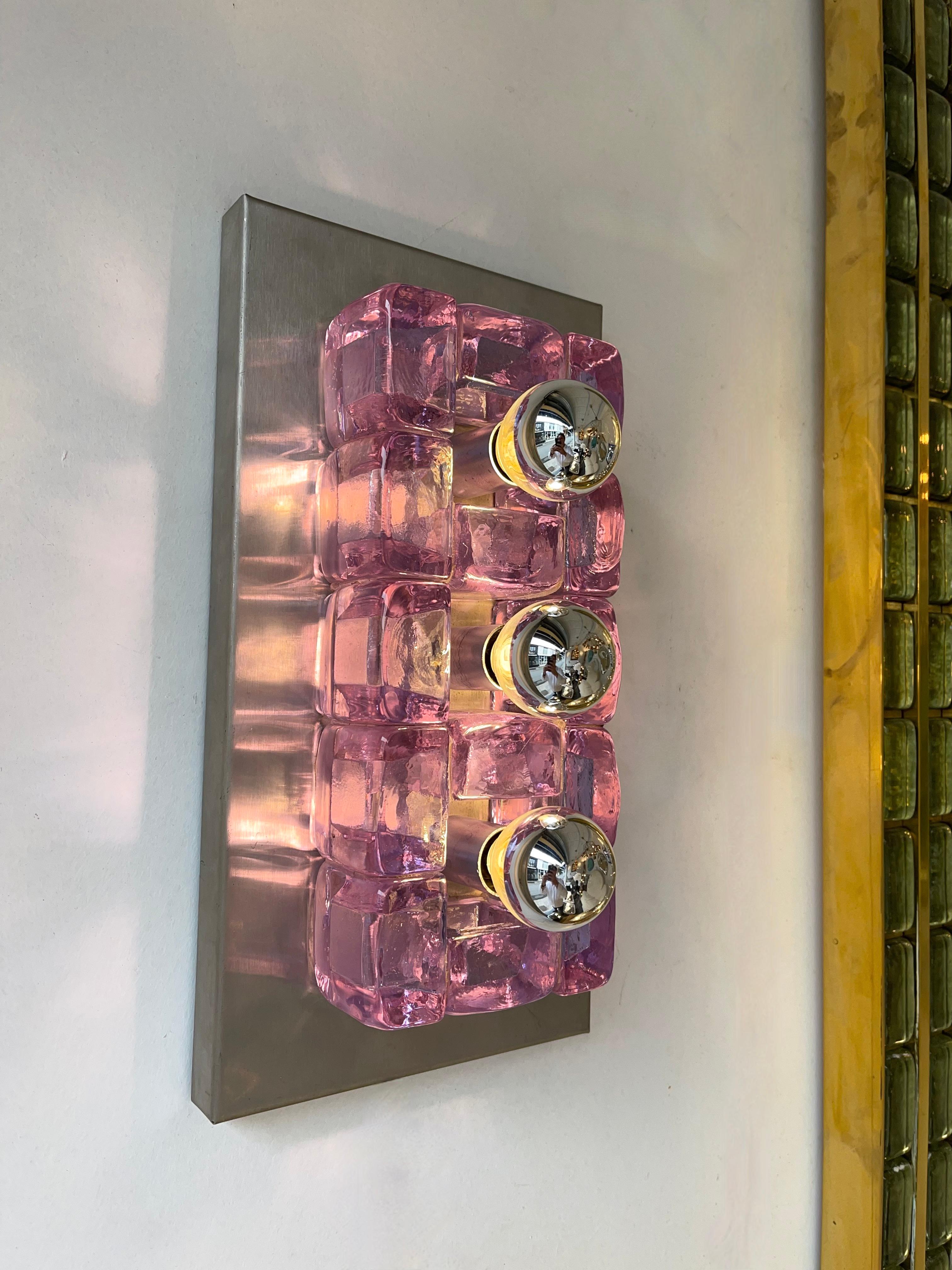 Mid-Century Modern Pair of Glass Cube and Stainless Steel Sconces by Poliarte, Italy, 1970s For Sale