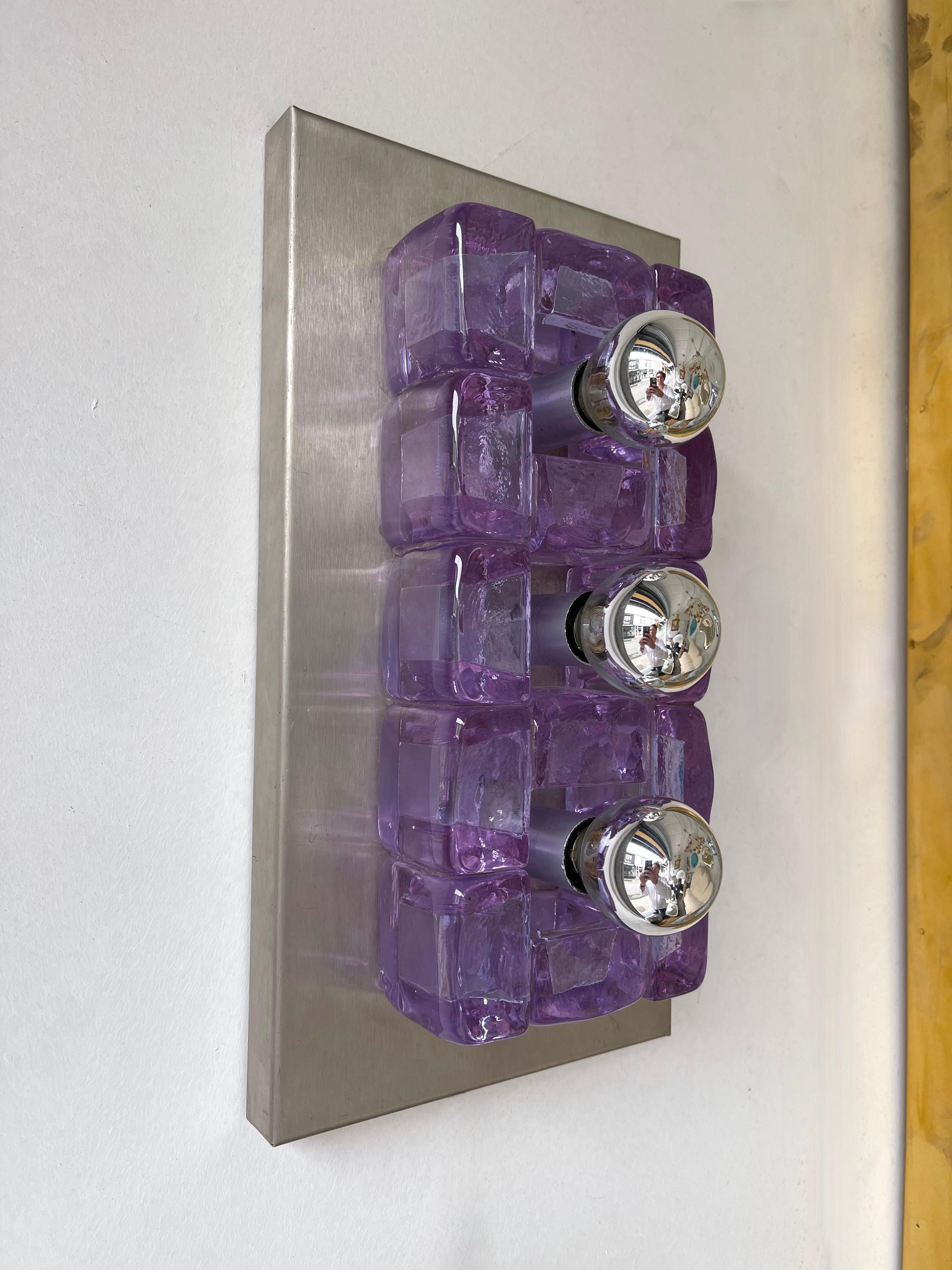 Pressed Pair of Glass Cube and Stainless Steel Sconces by Poliarte, Italy, 1970s For Sale