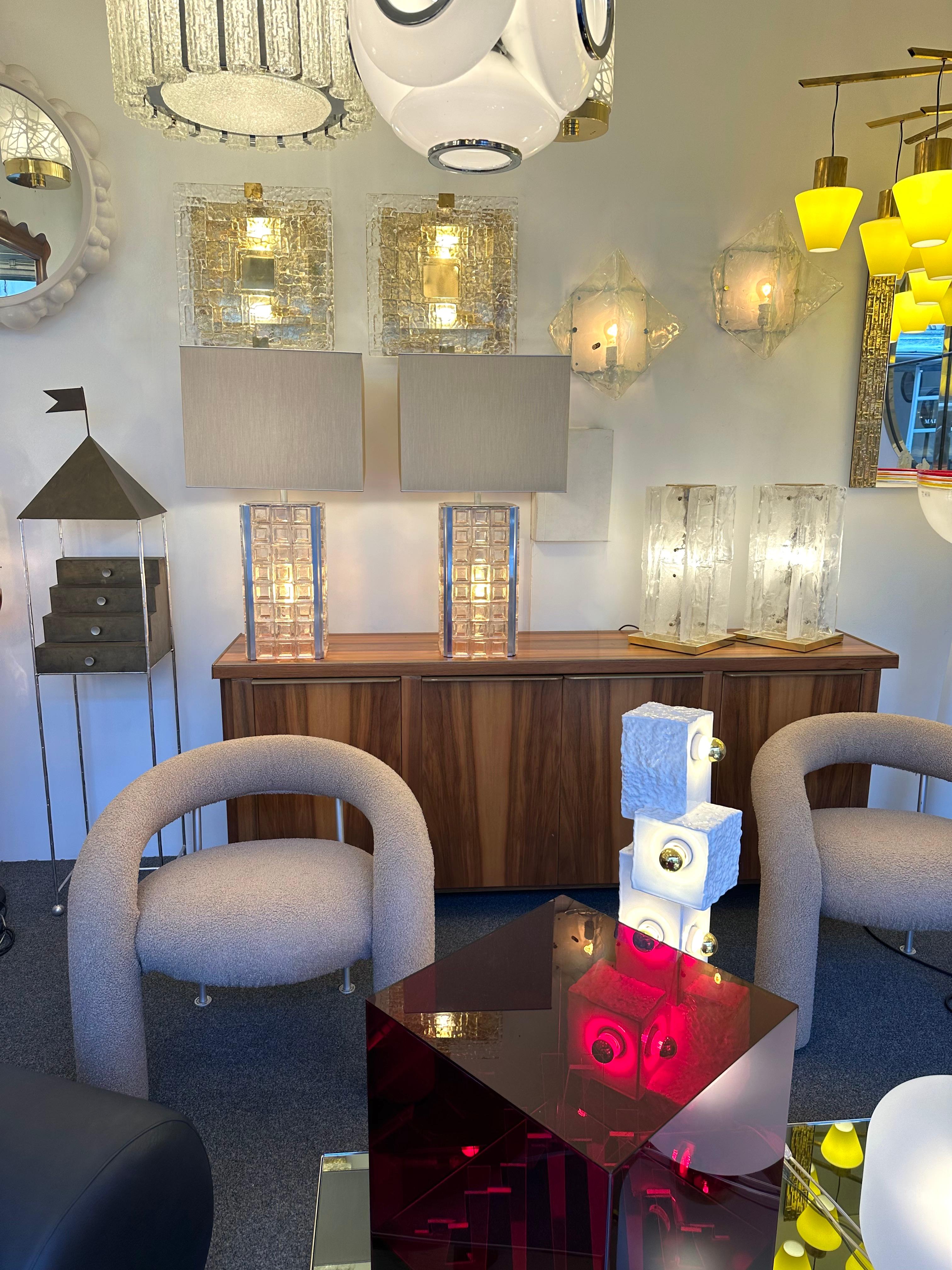 Pressed Pair of Glass Cube Lamps and Stainless Steel Metal by Poliarte, Italy, 1970s For Sale