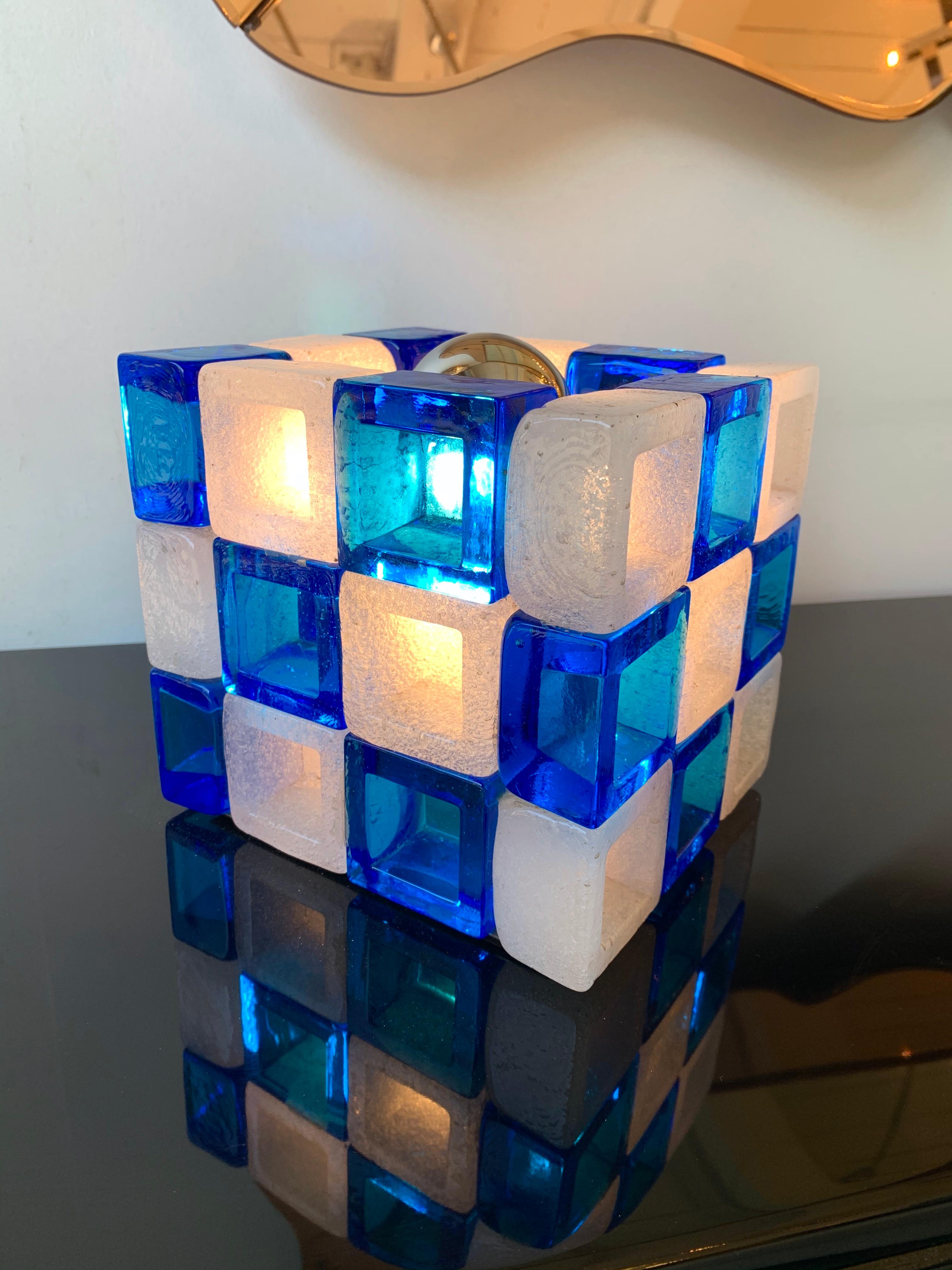 Blue and clear glass cube table or bedside lamps, large model for this type of lamps by Poliarte. Famous design like Mazzega Murano, Vistosi, Venini, La Murrina, Aldo Carlo Nason.