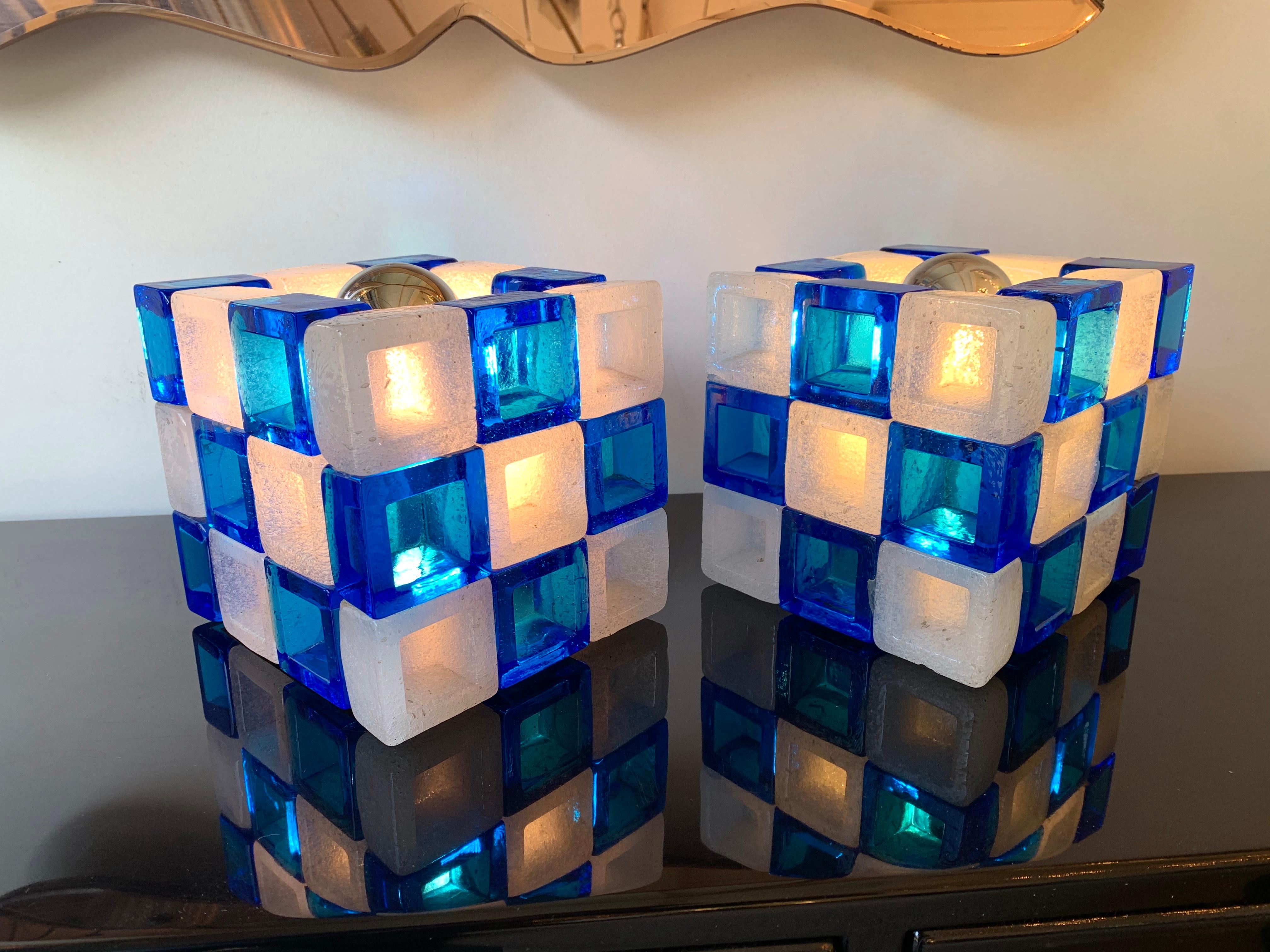 Mid-Century Modern Pair of Glass Cube Lamps by Poliarte, Italy, 1970s