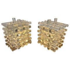 Pair of Glass Cube Lamps by Poliarte, Italy, 1970s
