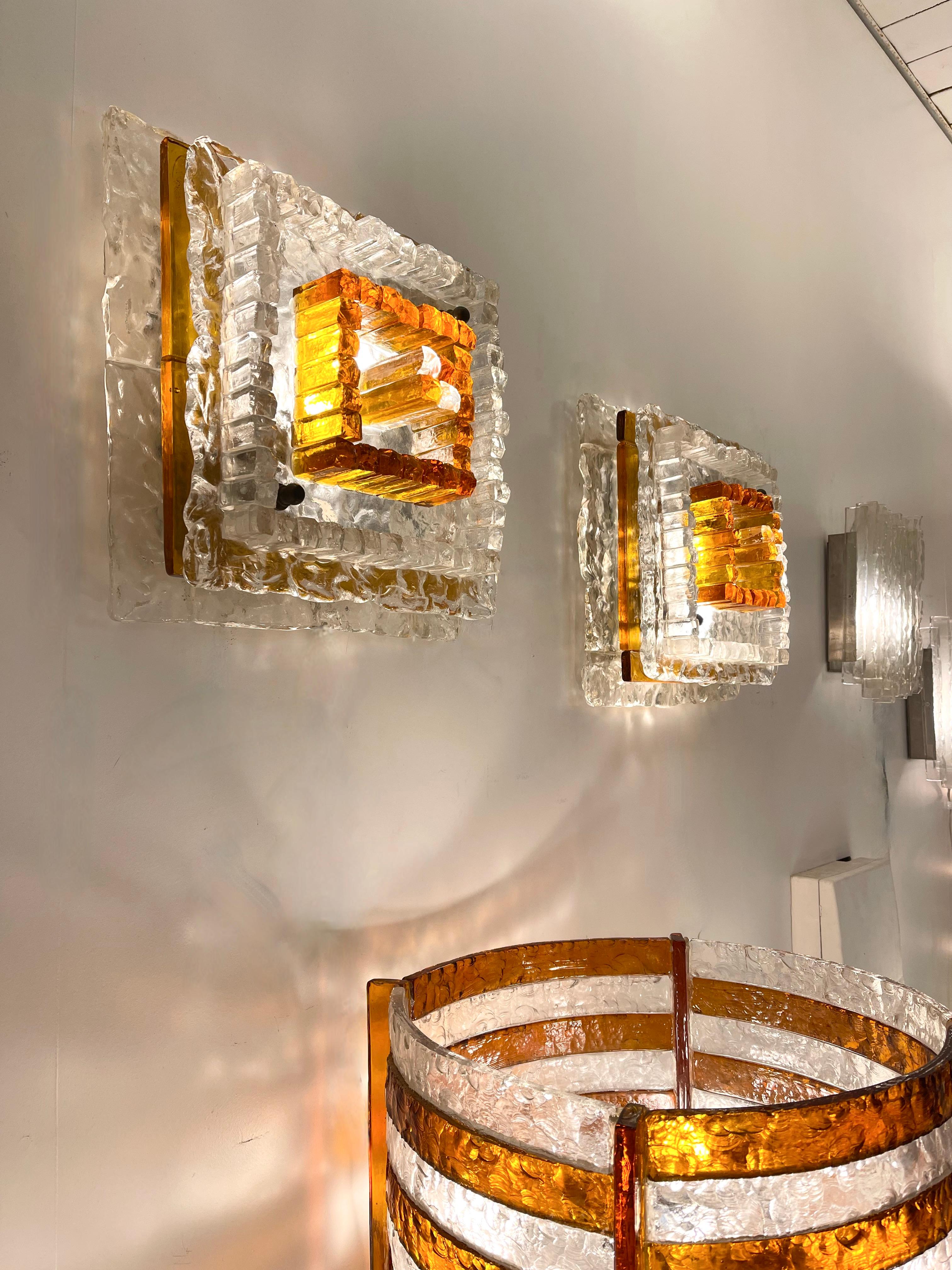 Space Age Pair of Glass Cube Pyramid Sconces by Poliarte, Italy, 1970s