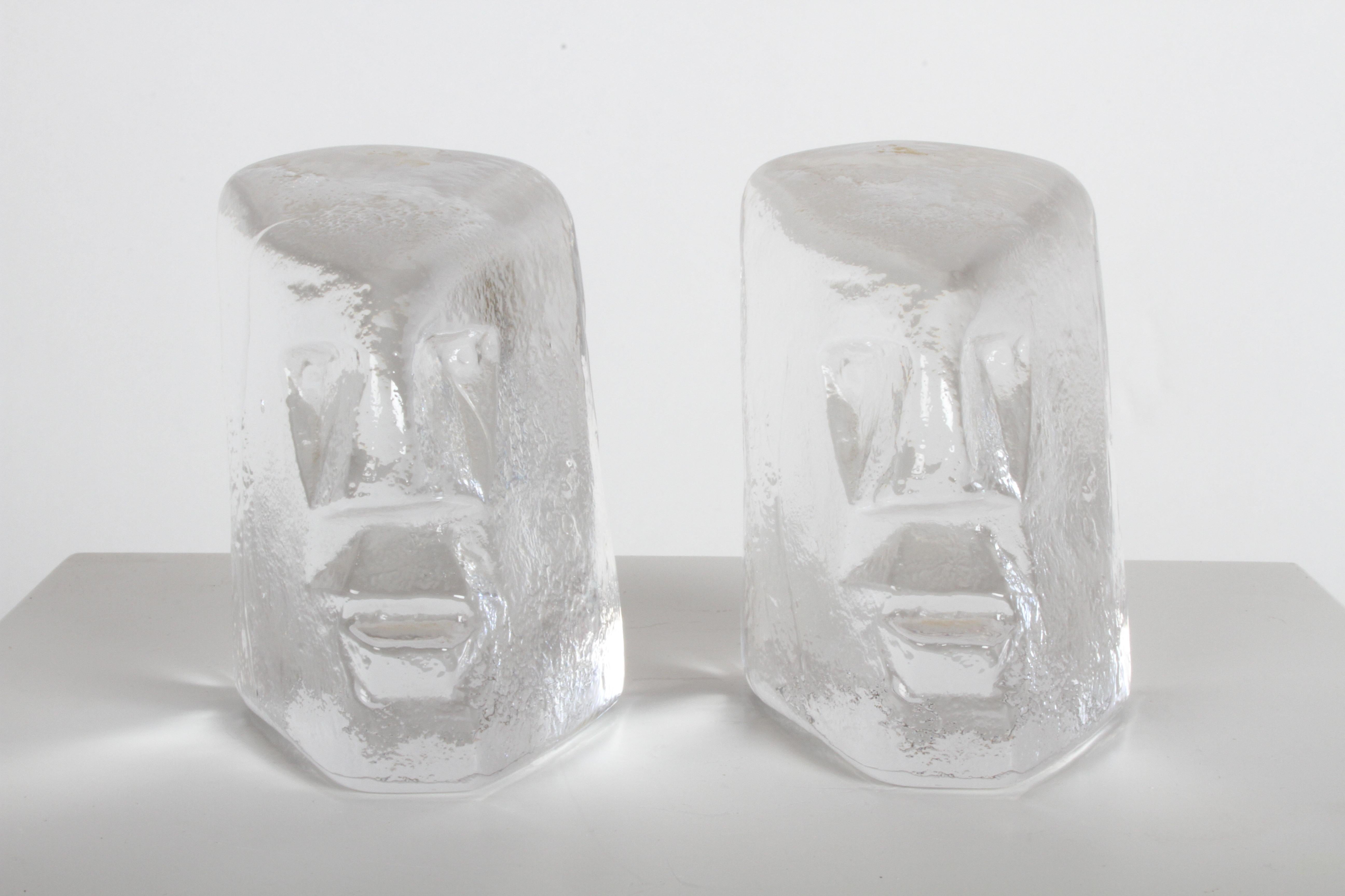 Pair of figural glass sculptures or bookends by Erik Höglund, Sweden, 1960s. Produced at Boda glassworks in Sweden during the 1960s. No labels, but still has slight label glue residue on top rear of heads. No chips, very nice condition.