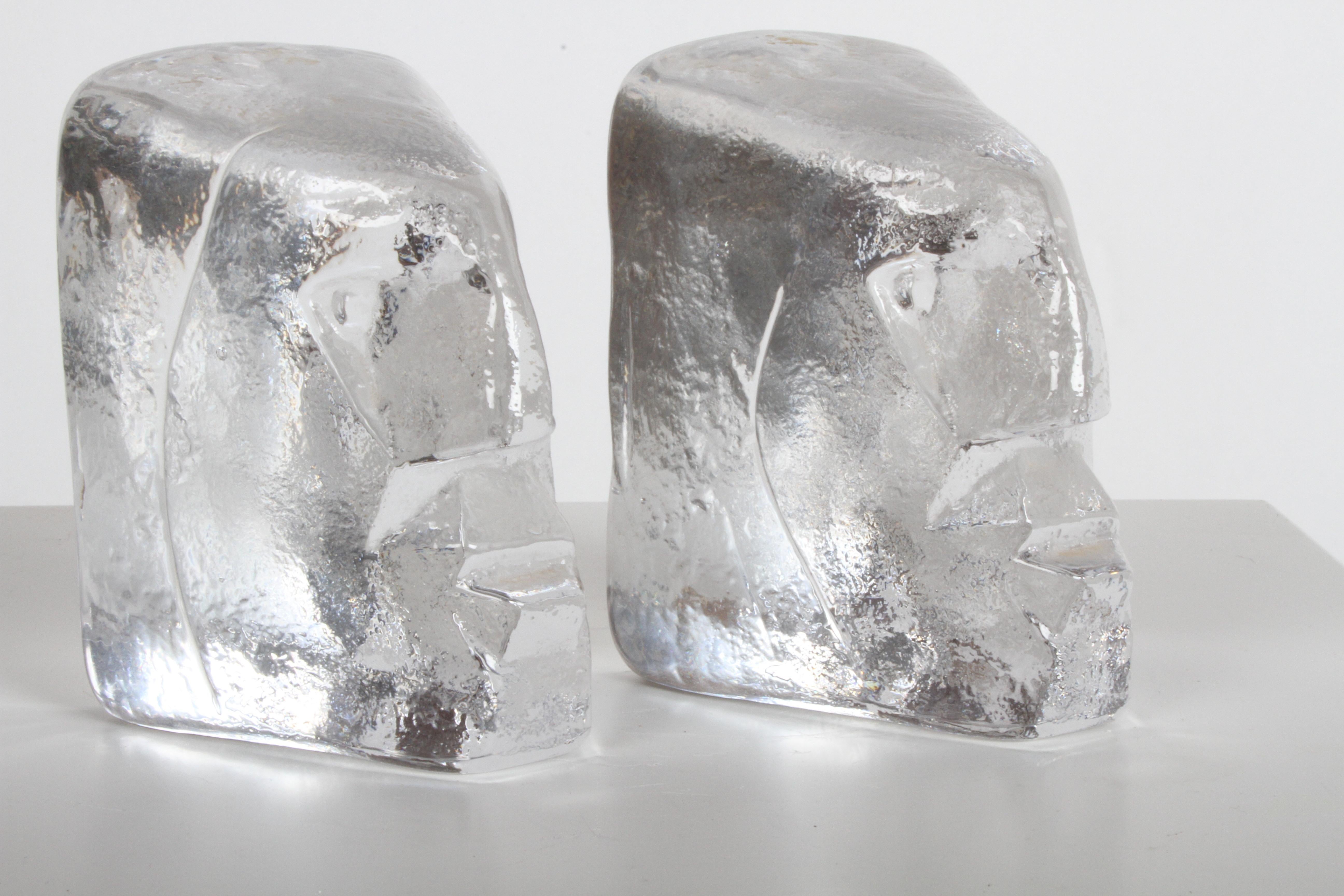 Pair of Glass Face Bookends or Sculptures by Erik Höglund, Sweden, 1960s In Good Condition In St. Louis, MO