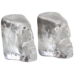 Pair of Glass Face Bookends or Sculptures by Erik Höglund, Sweden, 1960s