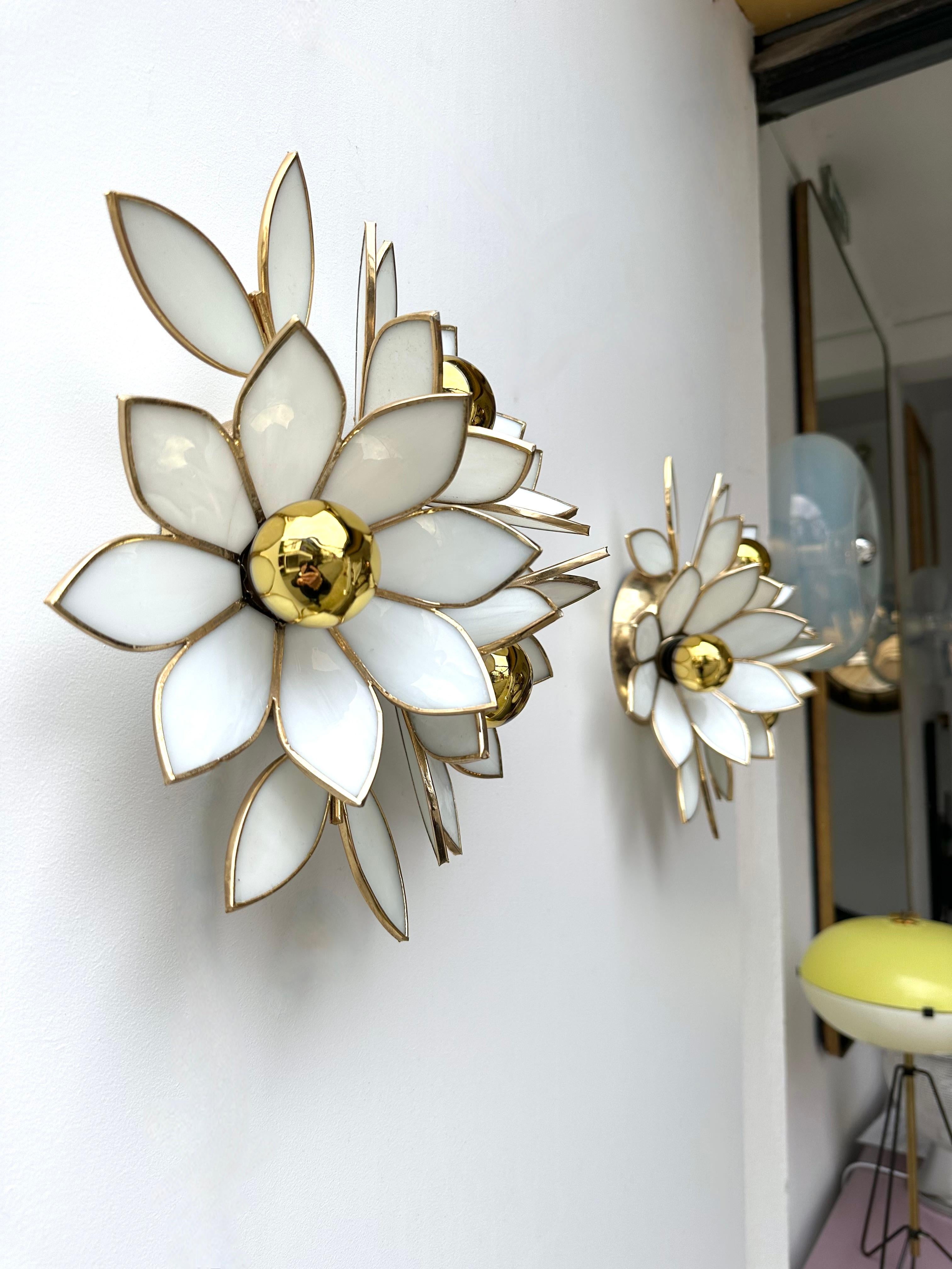 Pair of Glass Flowers and Brass Sconces, Italy, 1970s 7