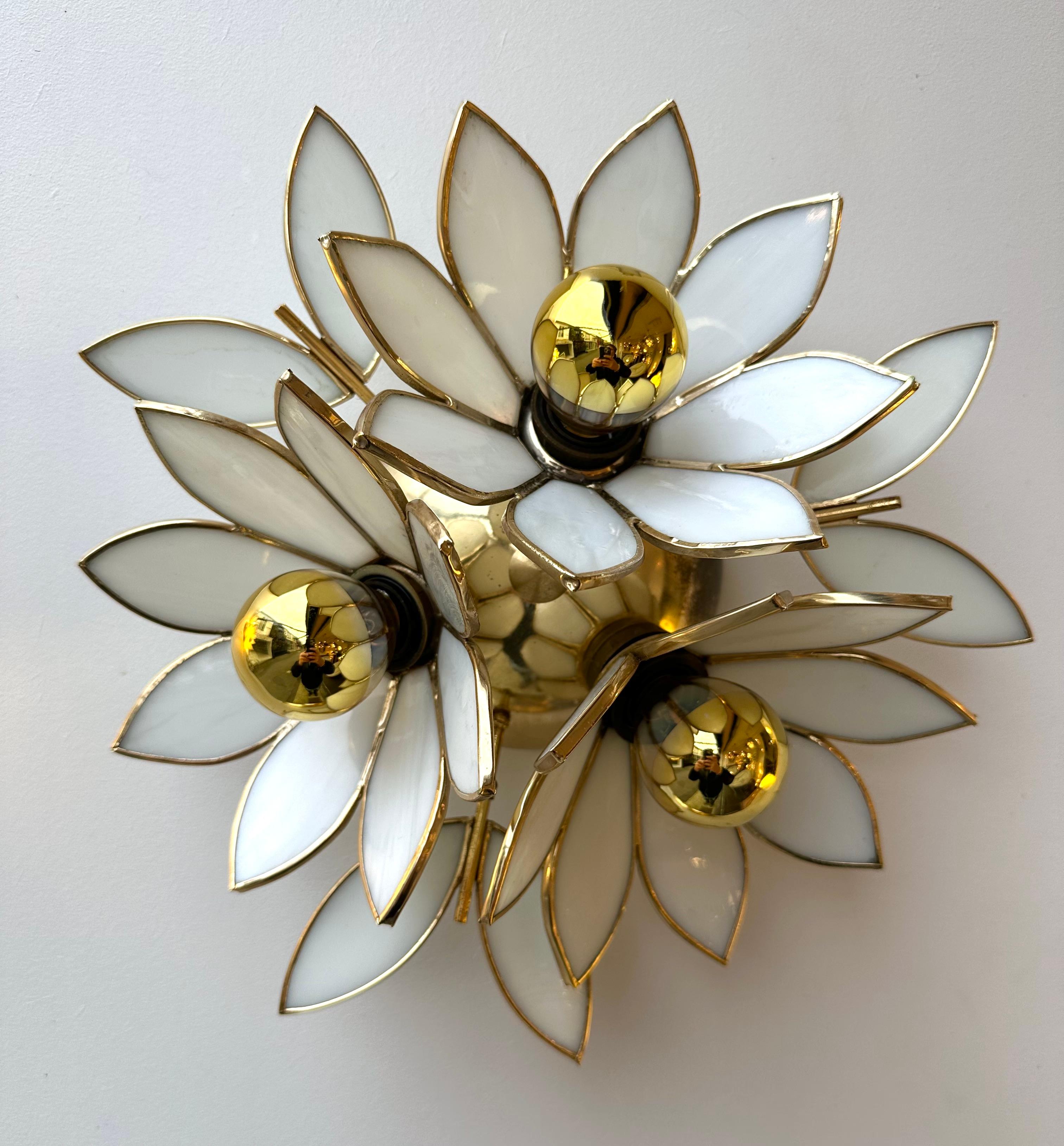 Pair of Glass Flowers and Brass Sconces, Italy, 1970s 3