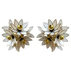 Pair of Glass Flowers and Brass Sconces, Italy, 1970s