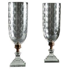 Pair of Glass Hurricane Shades with Square Plinth Bases