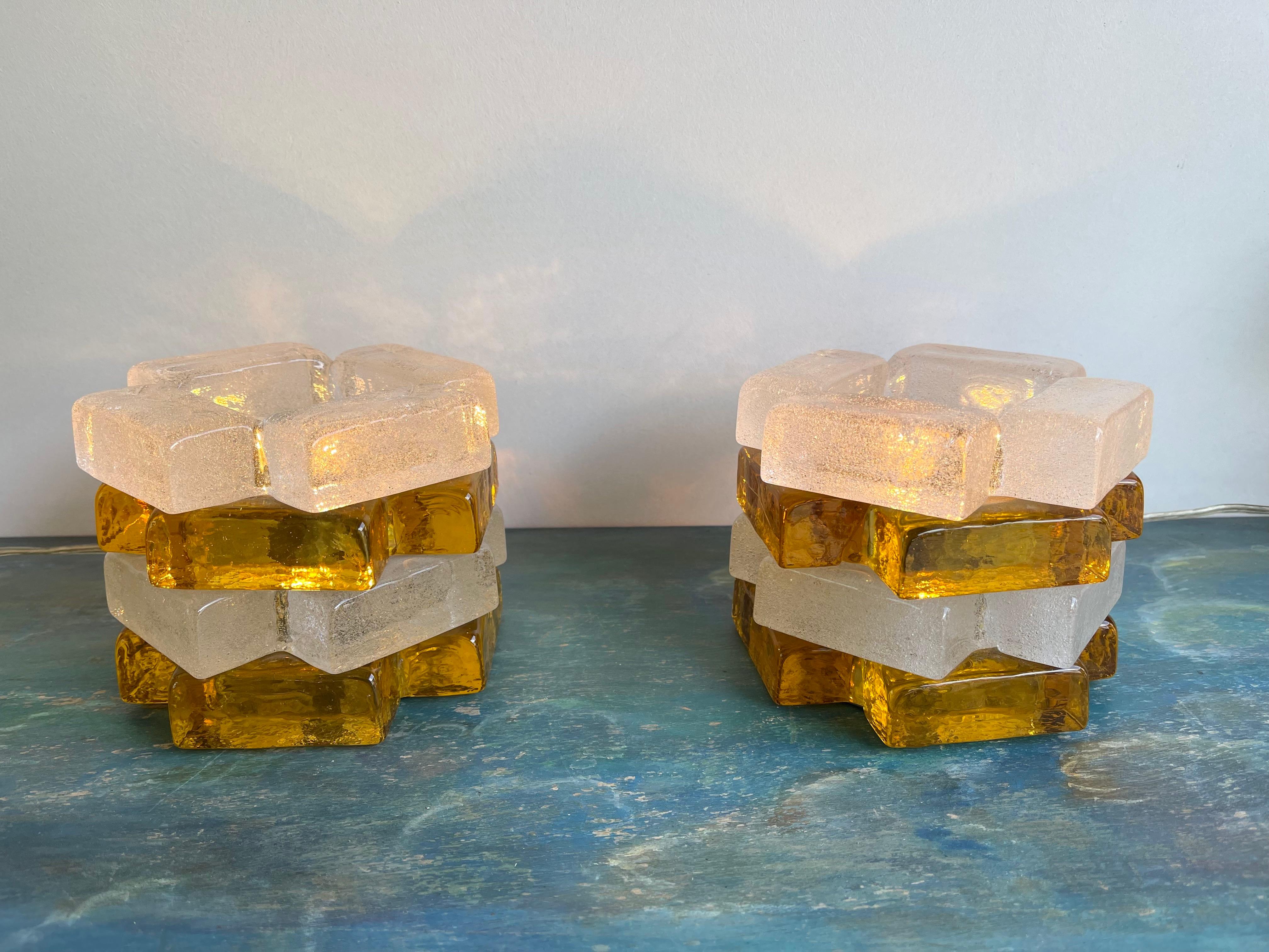 Space Age Pair of Glass Ice Lamps by Poliarte, Italy, 1970s