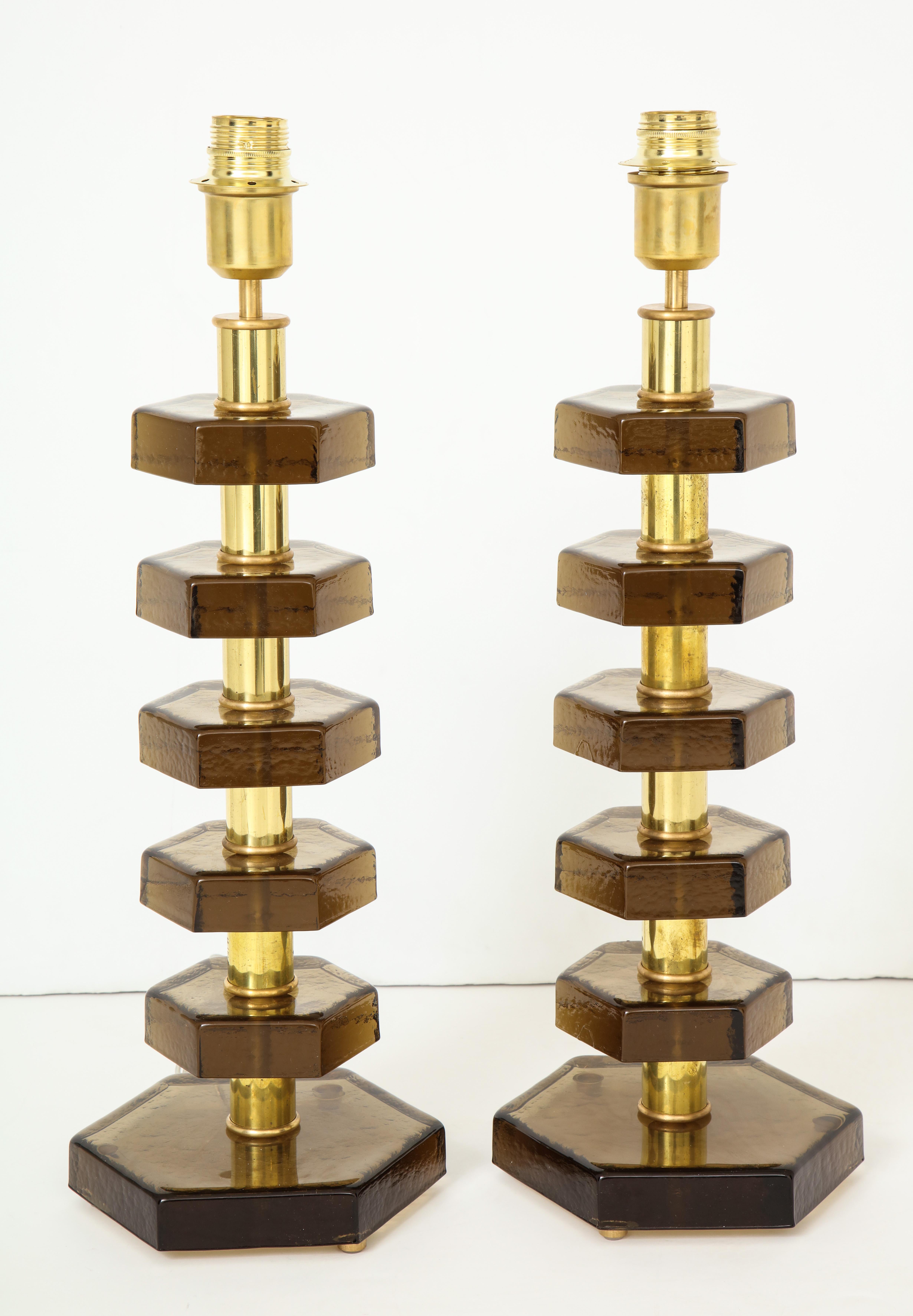 Pair of Glass Lamps in the Style of Jacques Adnet In Distressed Condition In New York, NY
