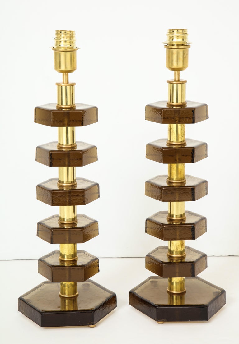 Pair of Glass Lamps in the Style of Jacques Adnet In Distressed Condition For Sale In New York, NY