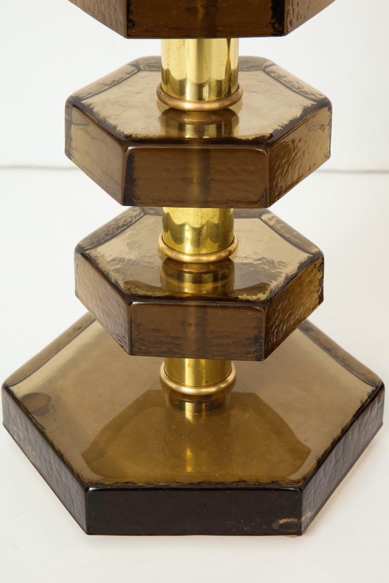 Brass Pair of Glass Lamps in the Style of Jacques Adnet For Sale