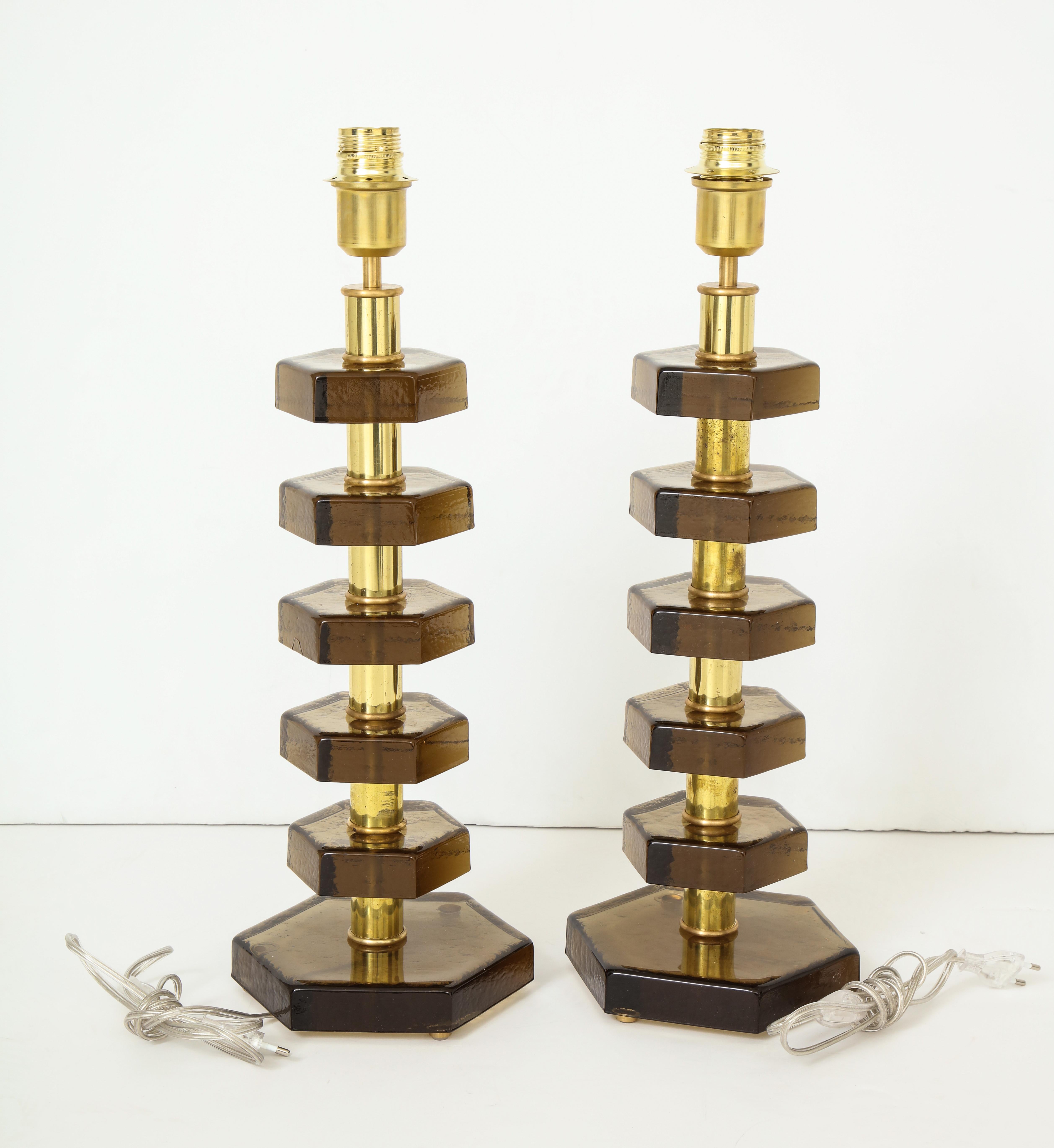Pair of Glass Lamps in the Style of Jacques Adnet 1