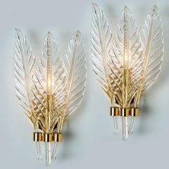 Pair of Glass Leaves Wall Sconces Mid-century, Barovier Style, 1960