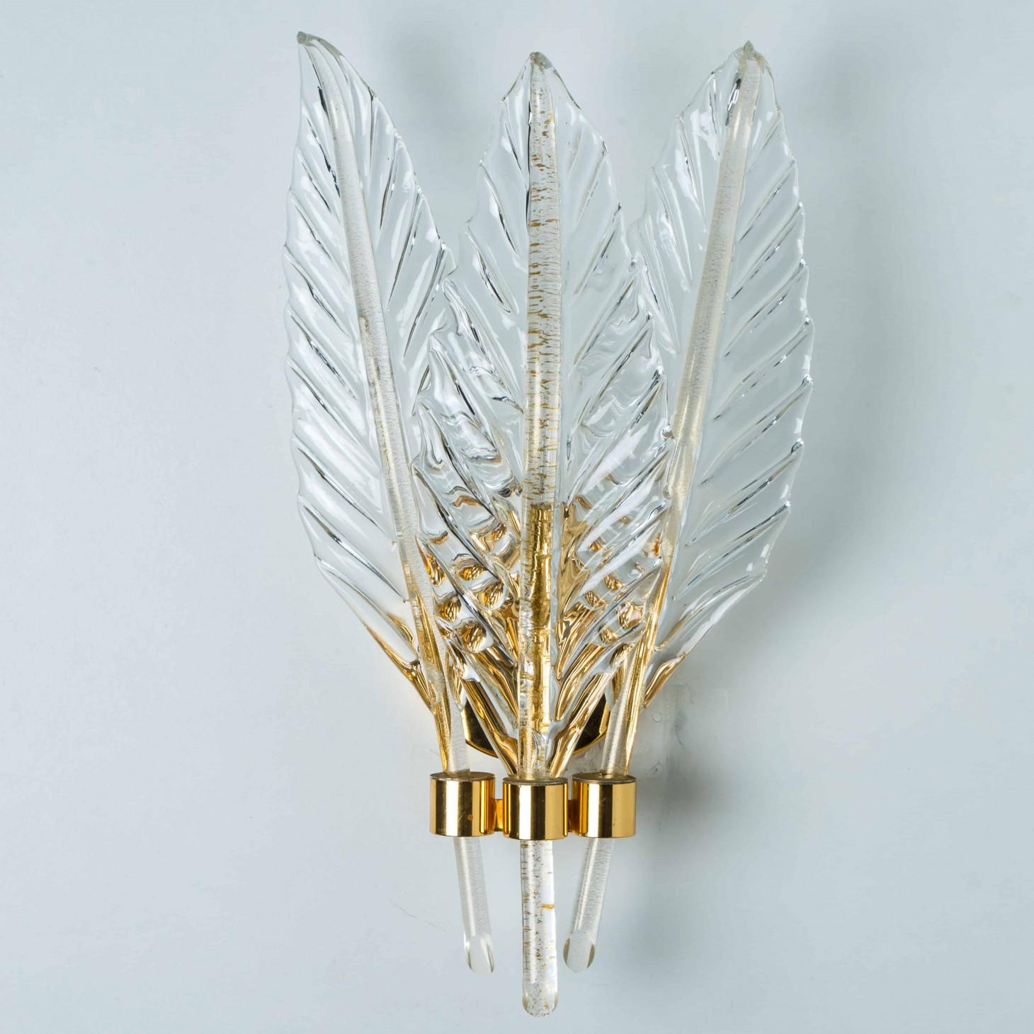 Pareja de apliques con hojas de cristal Mediados de siglo, estilo Barovier, 1960 Latón en venta