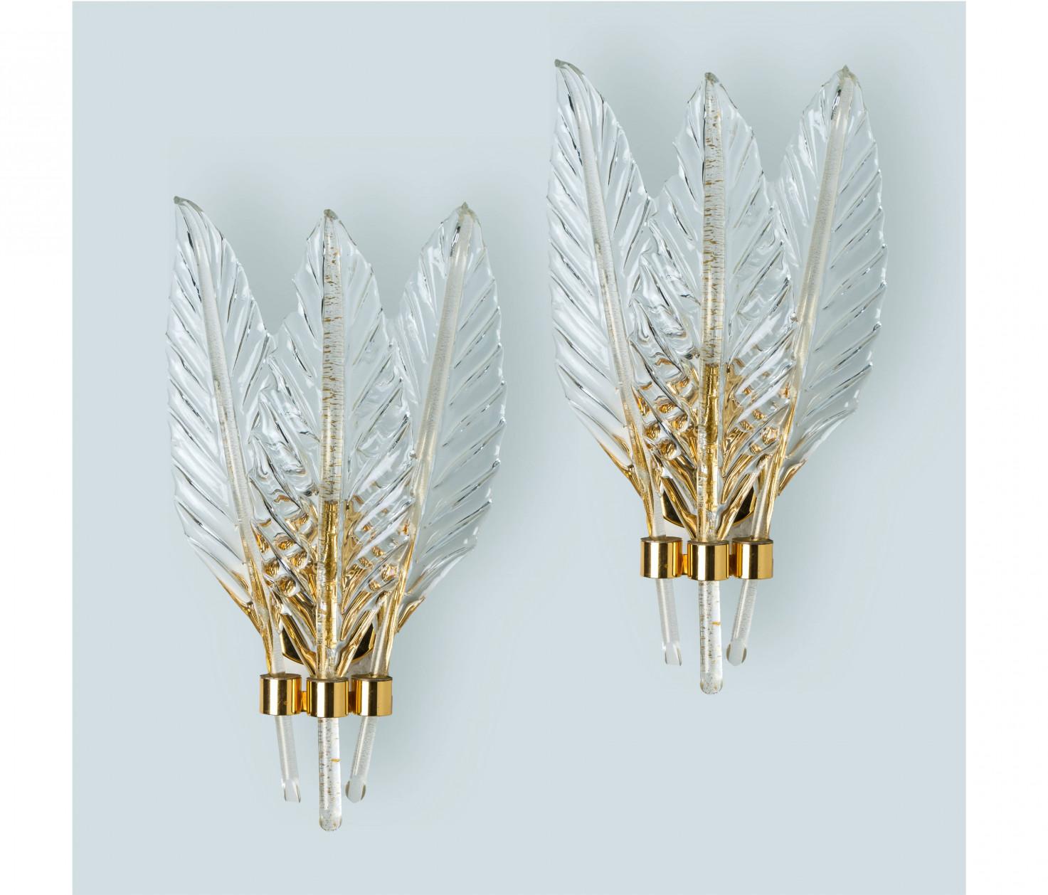 Paire d'appliques murales en feuilles de verre mi-siècle, style Barovier, 1960 en vente 1