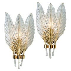 Pair of Glass Leaves Wall Sconces Mid-century, Barovier Style, 1960