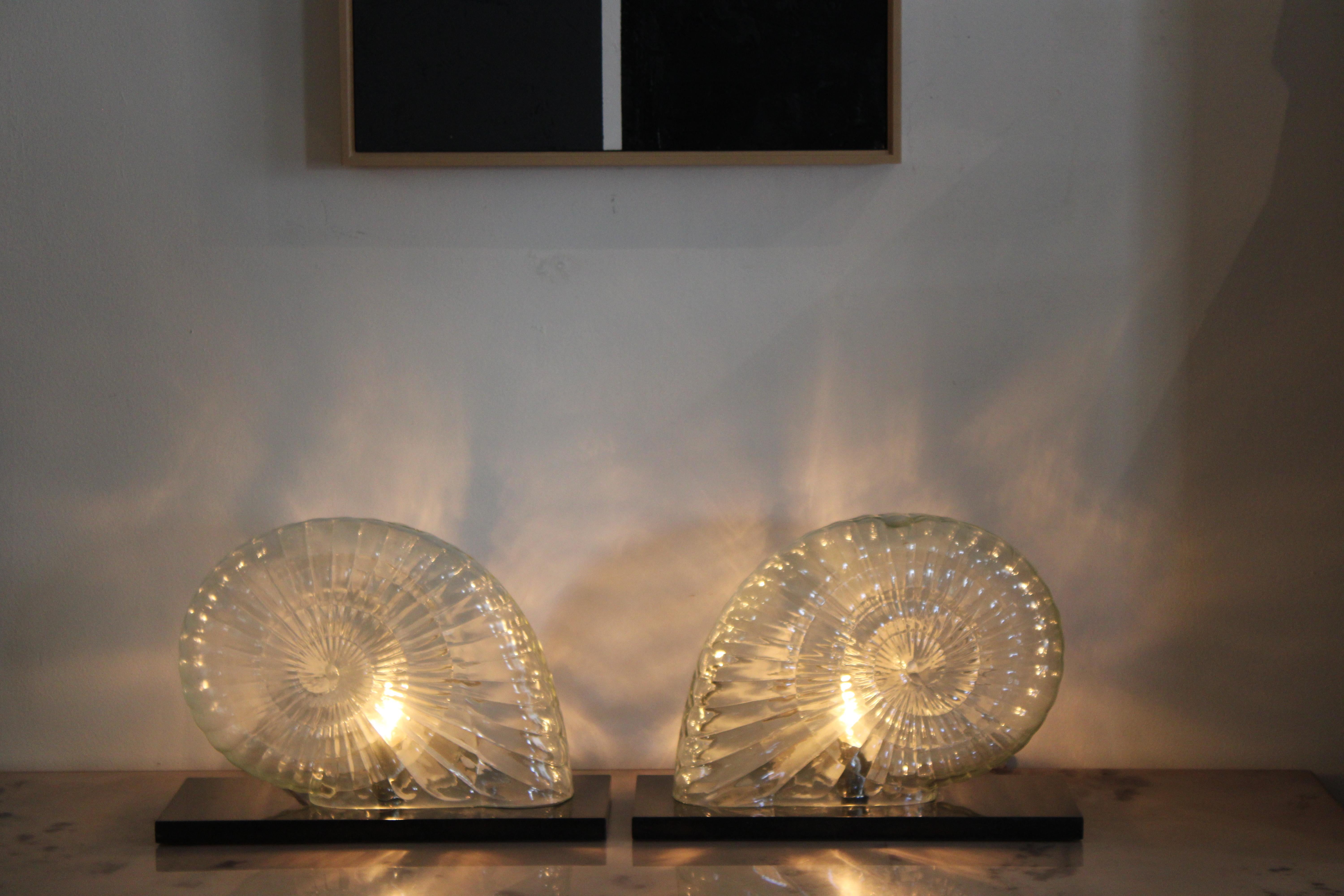 Coquilles de nautile en verre transparent moulé sur des bases en marbre noir. Les coquilles en verre transparent ont une teinte verte très pâle lorsqu'elles ne sont pas éclairées. Ces coquilles en verre sont, selon nous, italiennes et datent du