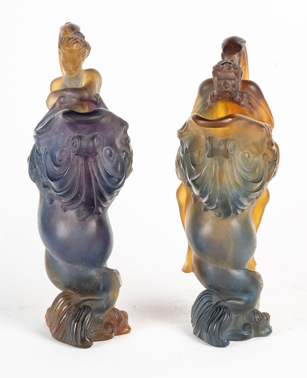 French Pair of Glass Paste Jugs by Daum, Art Nouveau Style, 20th Century.