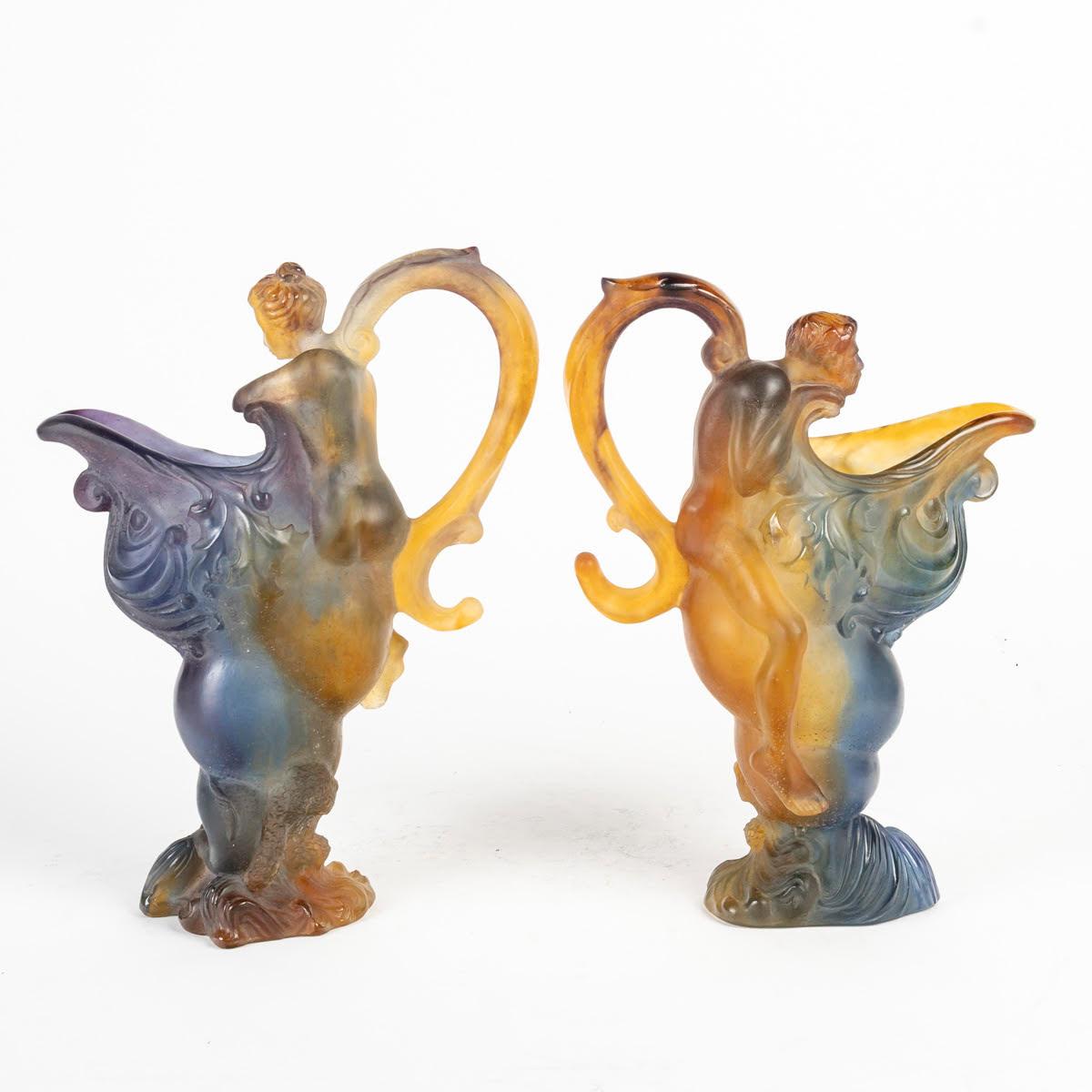 Pair of Glass Paste Jugs by Daum, Art Nouveau Style, 20th Century. 3