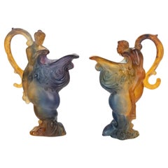 Pair of Glass Paste Jugs by Daum, Art Nouveau Style, 20th Century.