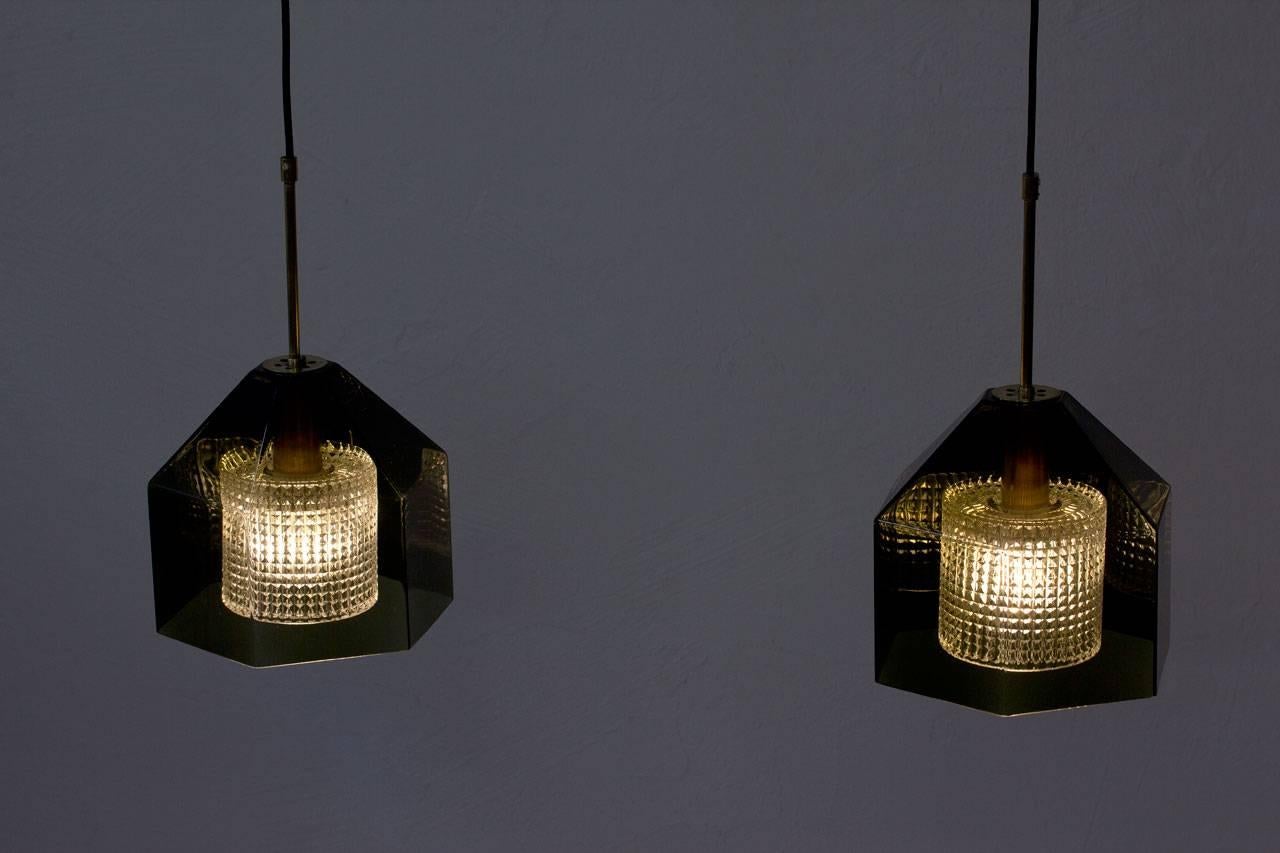 Brass Pair of Glass Pendants by Carl Fagerlund for Orrefors, Sweden, 1960s
