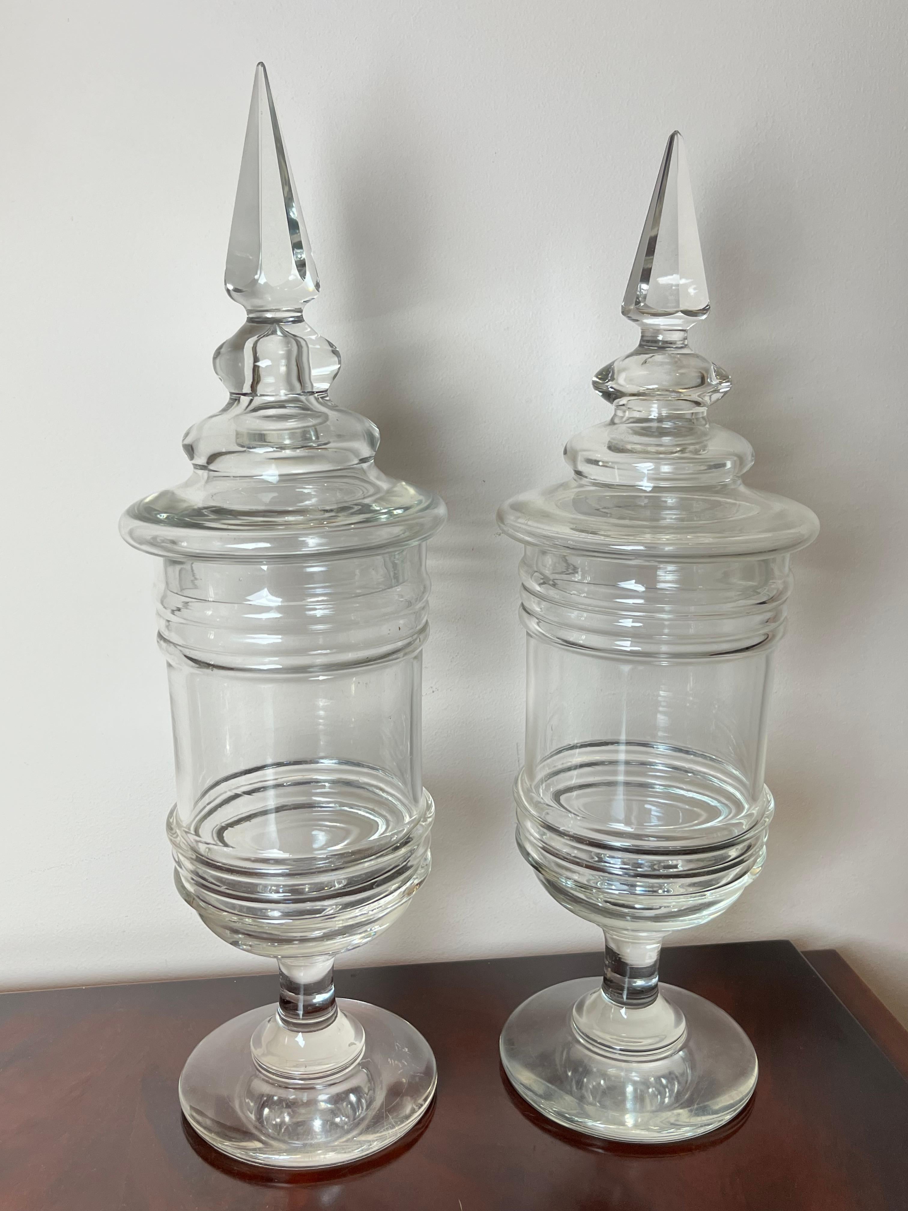 Pair of glass pharmacy jars, Italy, 1930s
Found in an old disused pharmacy.
They are intact and in excellent condition.
Being handcrafted, they have slightly different dimensions. By carefully observing the crystal you will notice small smudges and