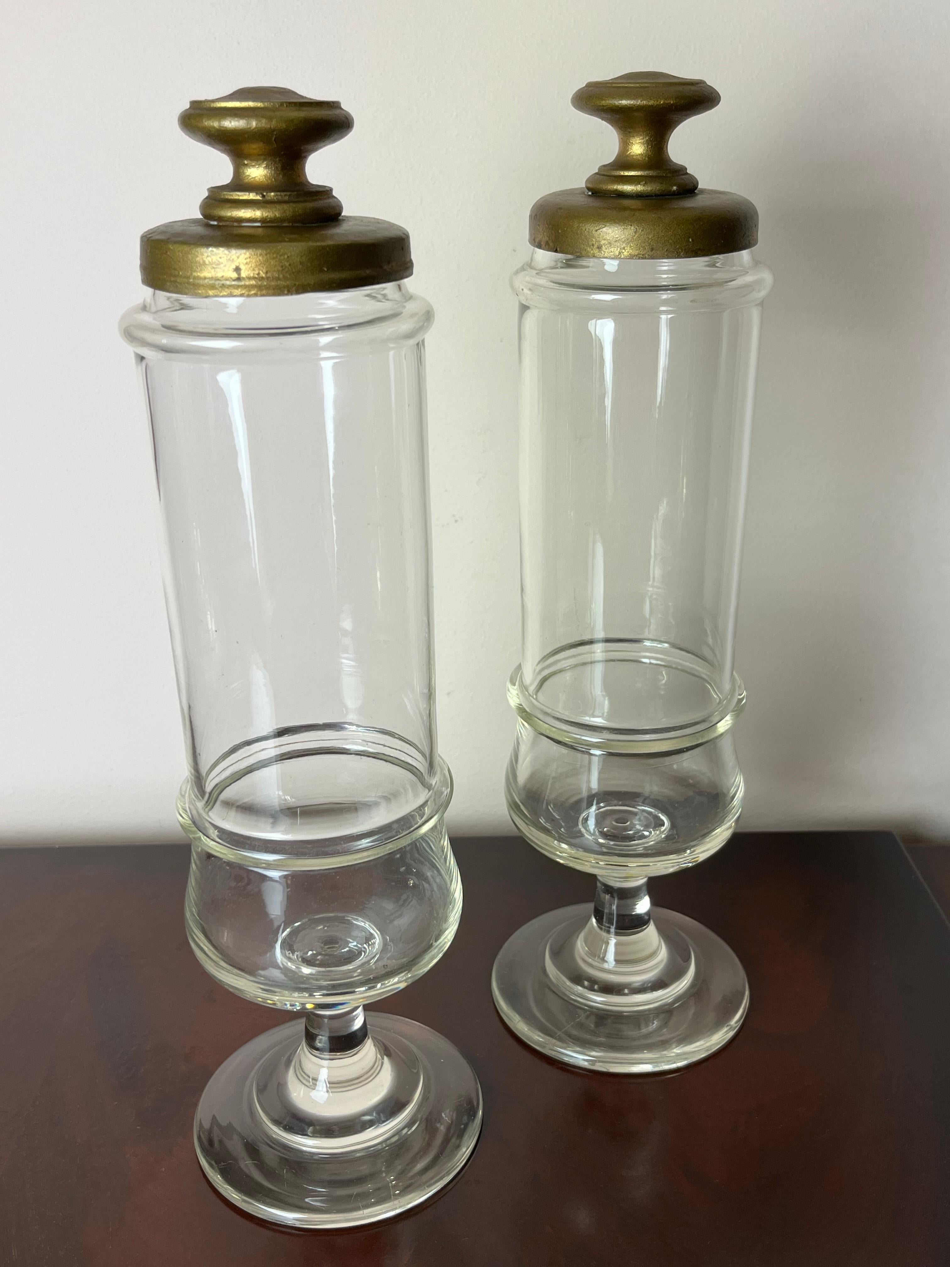 Italian Pair of Glass Pharmacy Jars, Italy, 1930s For Sale