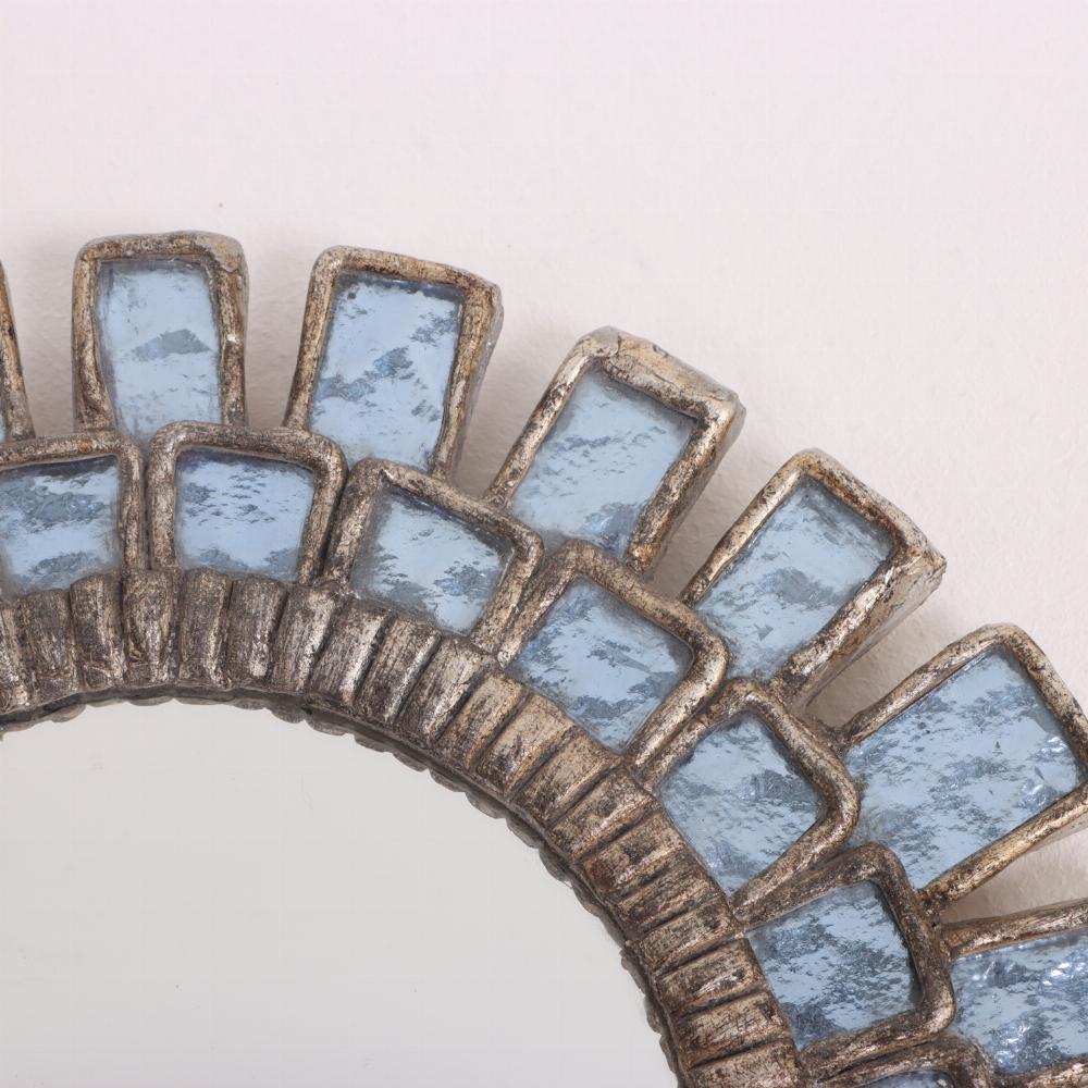 This fine pair of blue textured glass and resin convex sunburst mirrors will be like jewelry for your walls! Add joie de vivre to your own home décor.