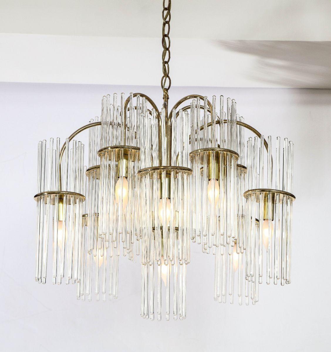 Pair of Glass Rod Chandelier Pendant Lamp by Gaetano Sciolari with ten lights tiered around the central light.