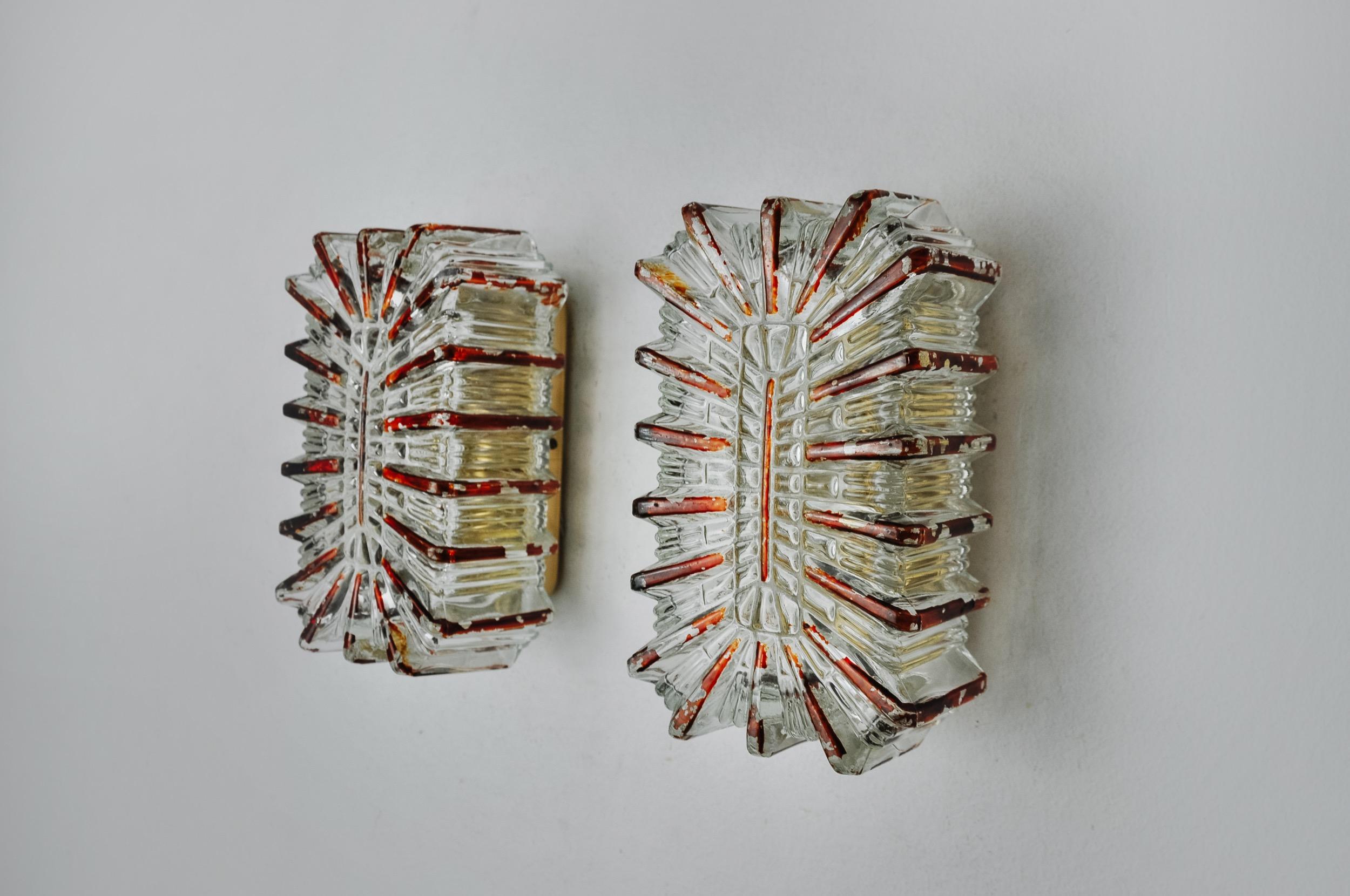 Pair of Glass Sconces and Orange Varnish by Limburg, Germany, 1970 In Good Condition For Sale In BARCELONA, ES
