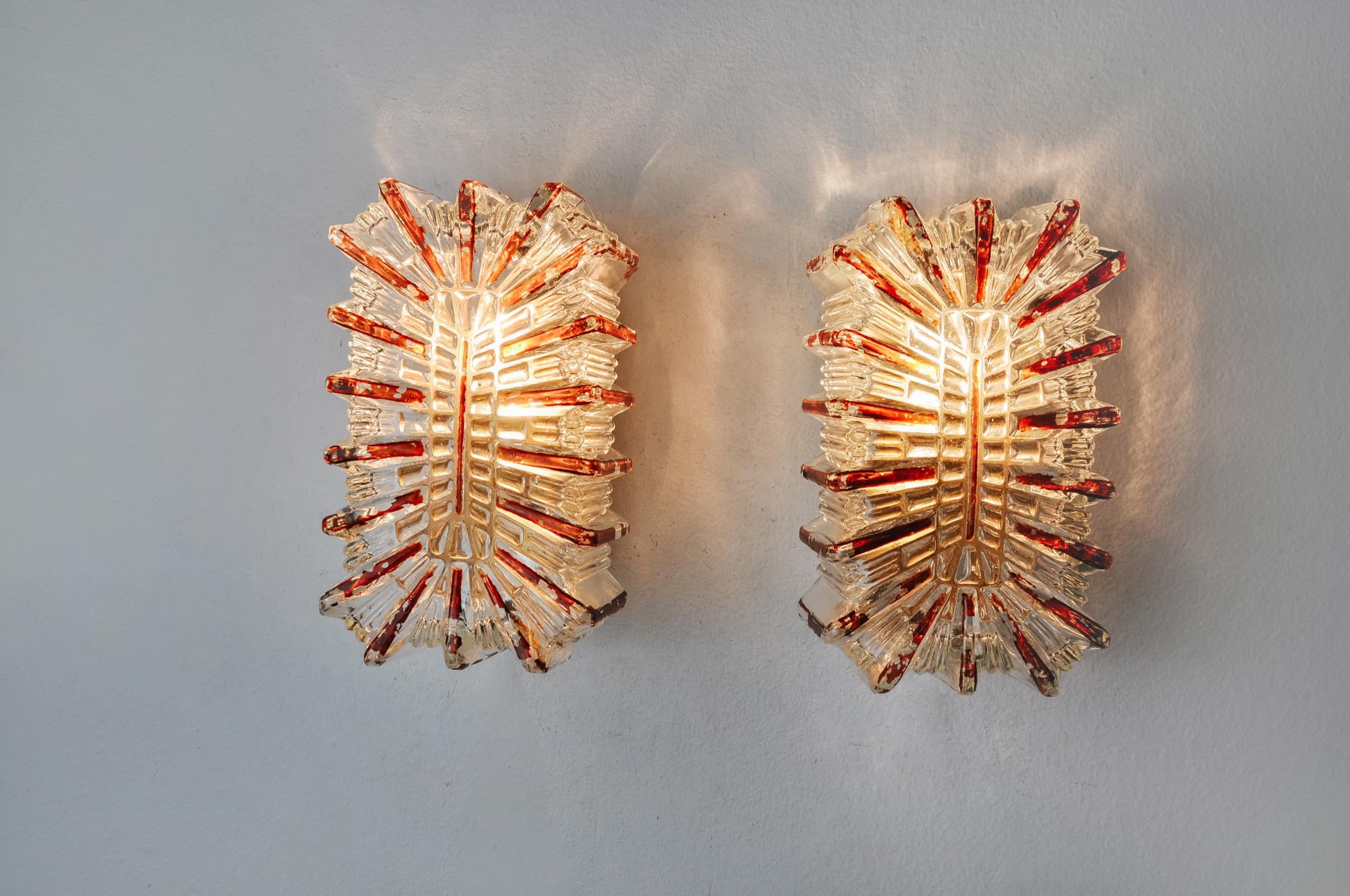 Late 20th Century Pair of Glass Sconces and Orange Varnish by Limburg, Germany, 1970 For Sale