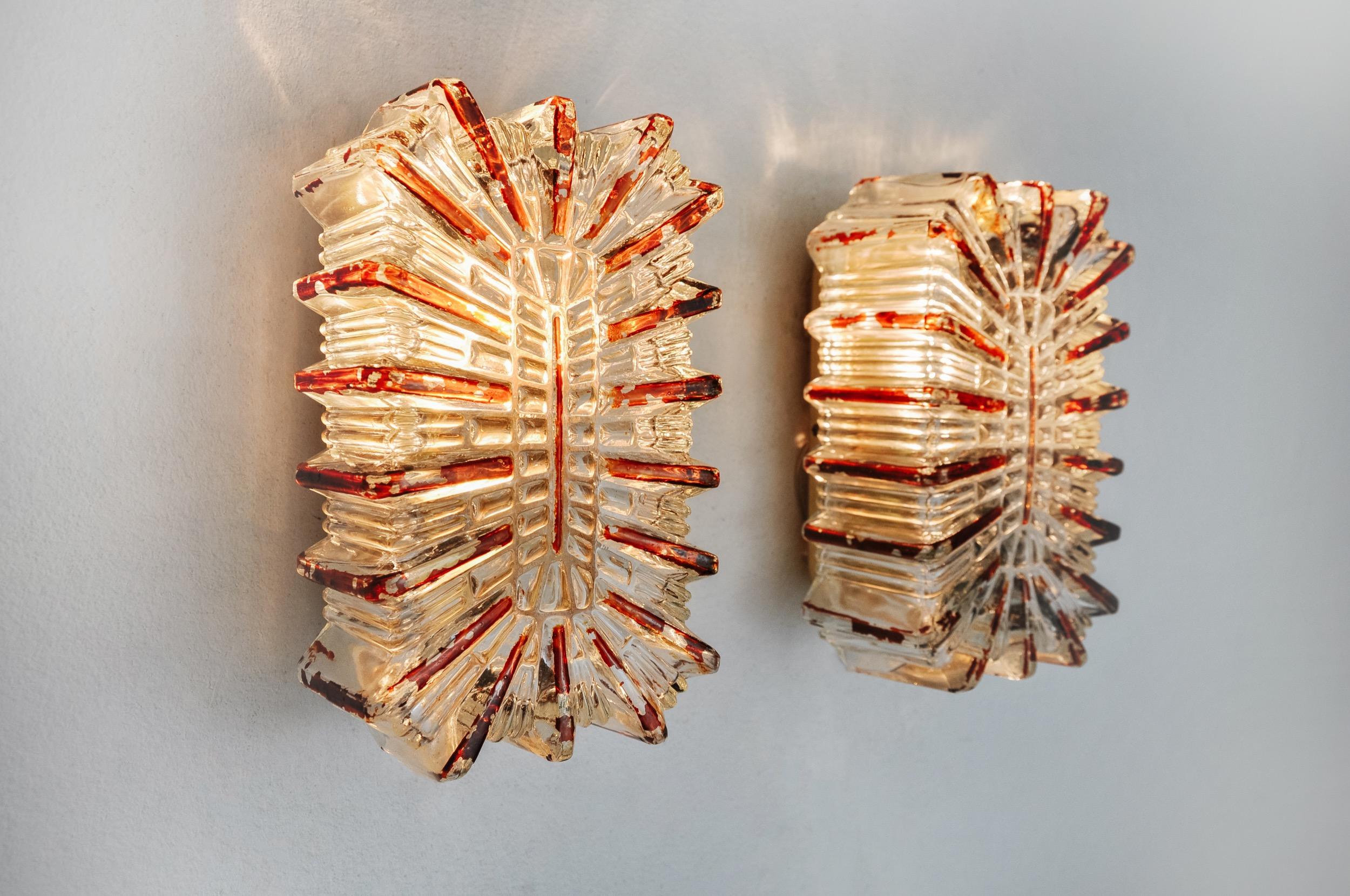 Crystal Pair of Glass Sconces and Orange Varnish by Limburg, Germany, 1970 For Sale
