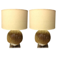 Vintage Pair of Glass Shell Form Lamps with Lucite Bases