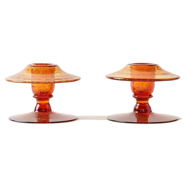 Pair of Glass Squat Candlesticks in Burnt Orange For Sale at 1stDibs
